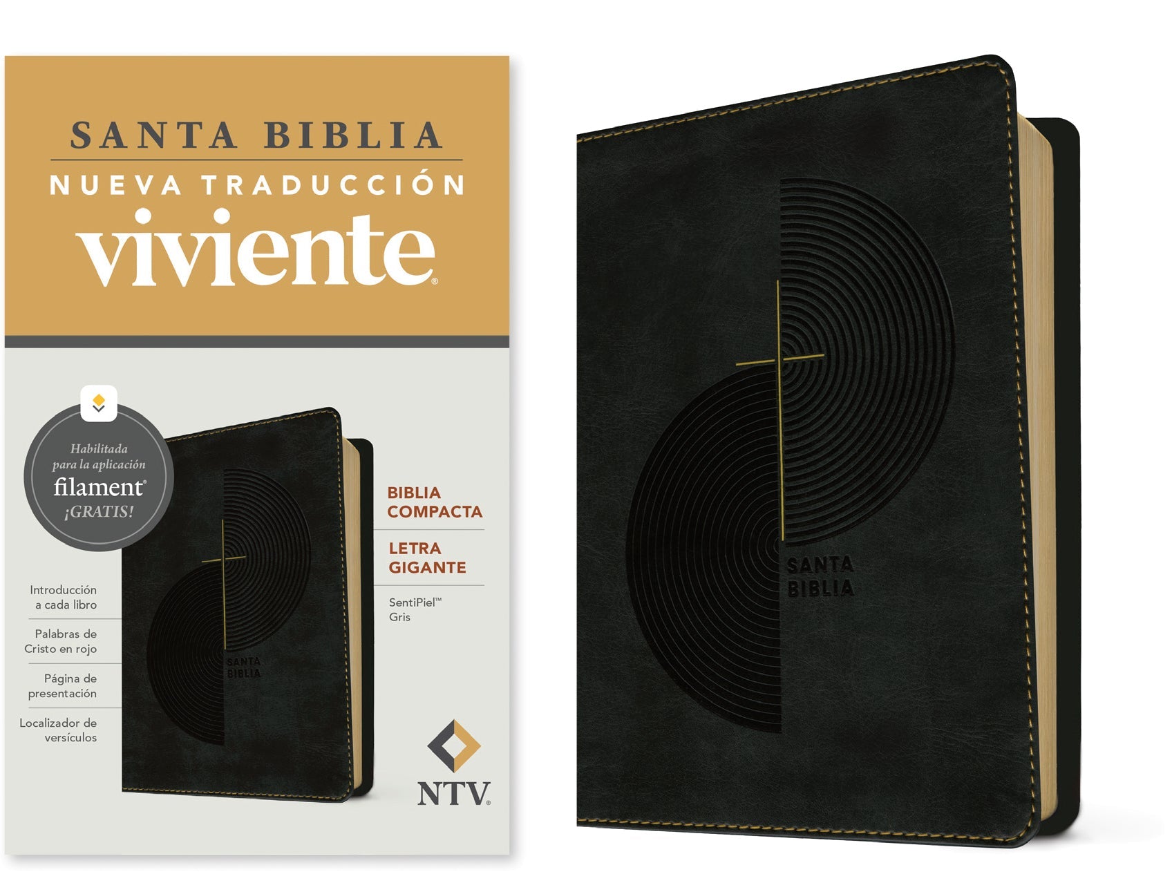Biblia compacta de letra gigante con filamento gris de NTV en edición española.