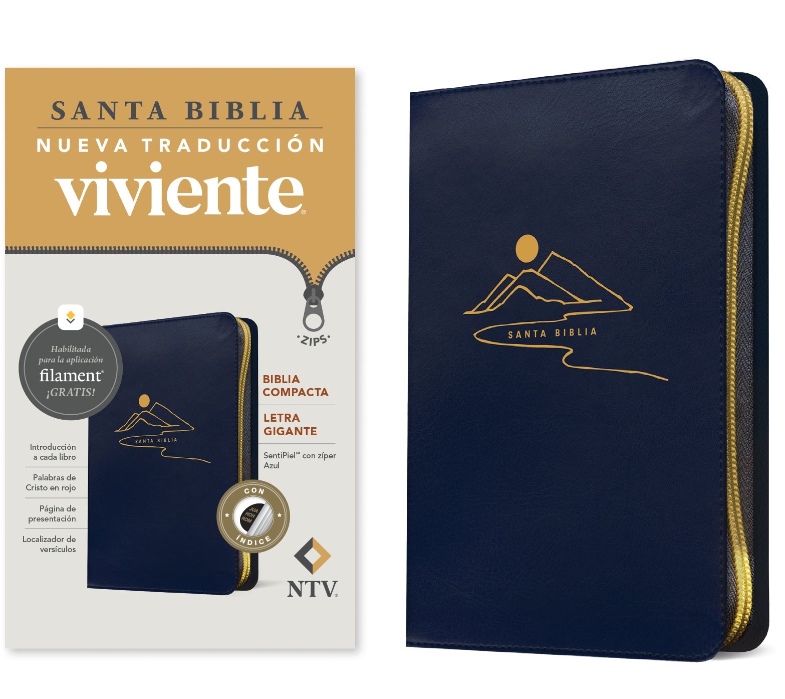 Spanish edition compact Bible with giant print zipper and blue indexed filament