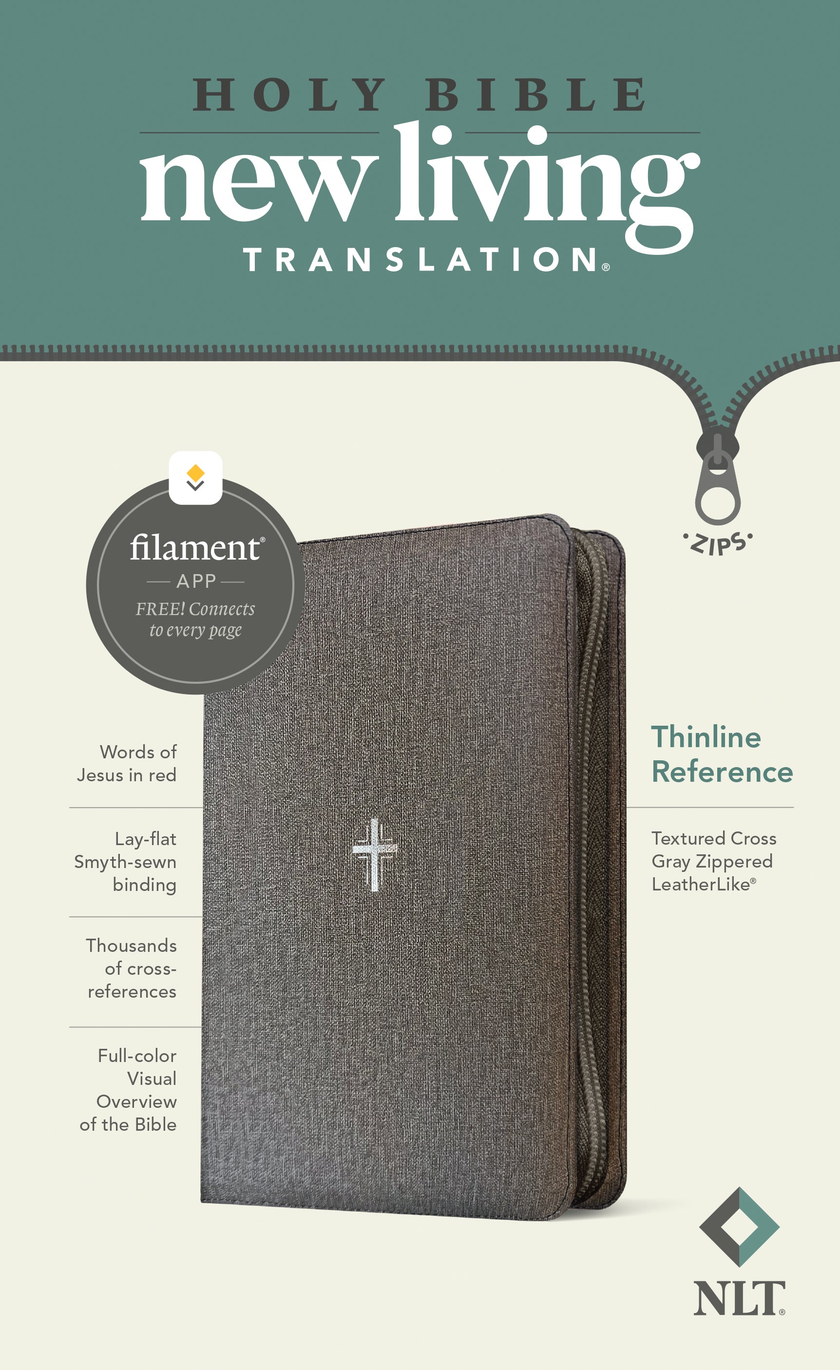 NLT Thinline Reference Zipper Bible, Red Letter Edition, Filament Enabled