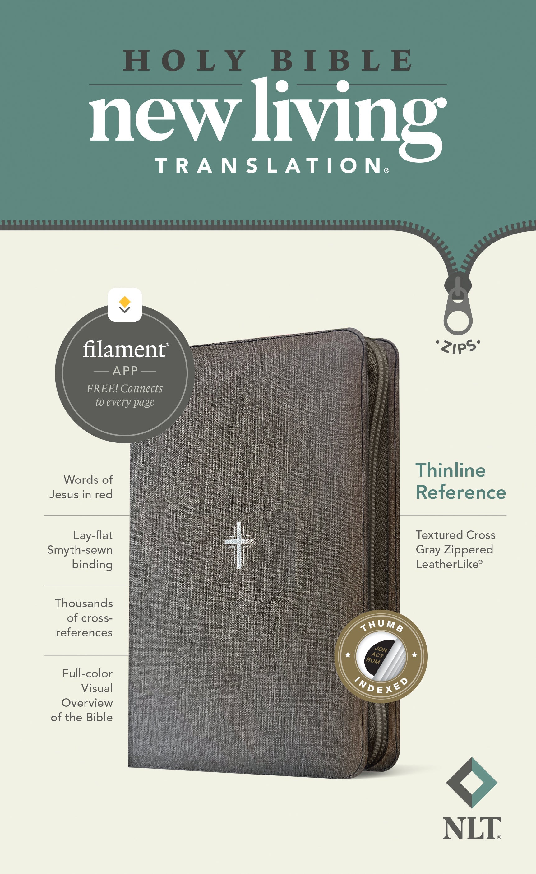 New Living Translation Thinline Reference Bible with Filament Enabled, featuring a textured cross design and red letter editi