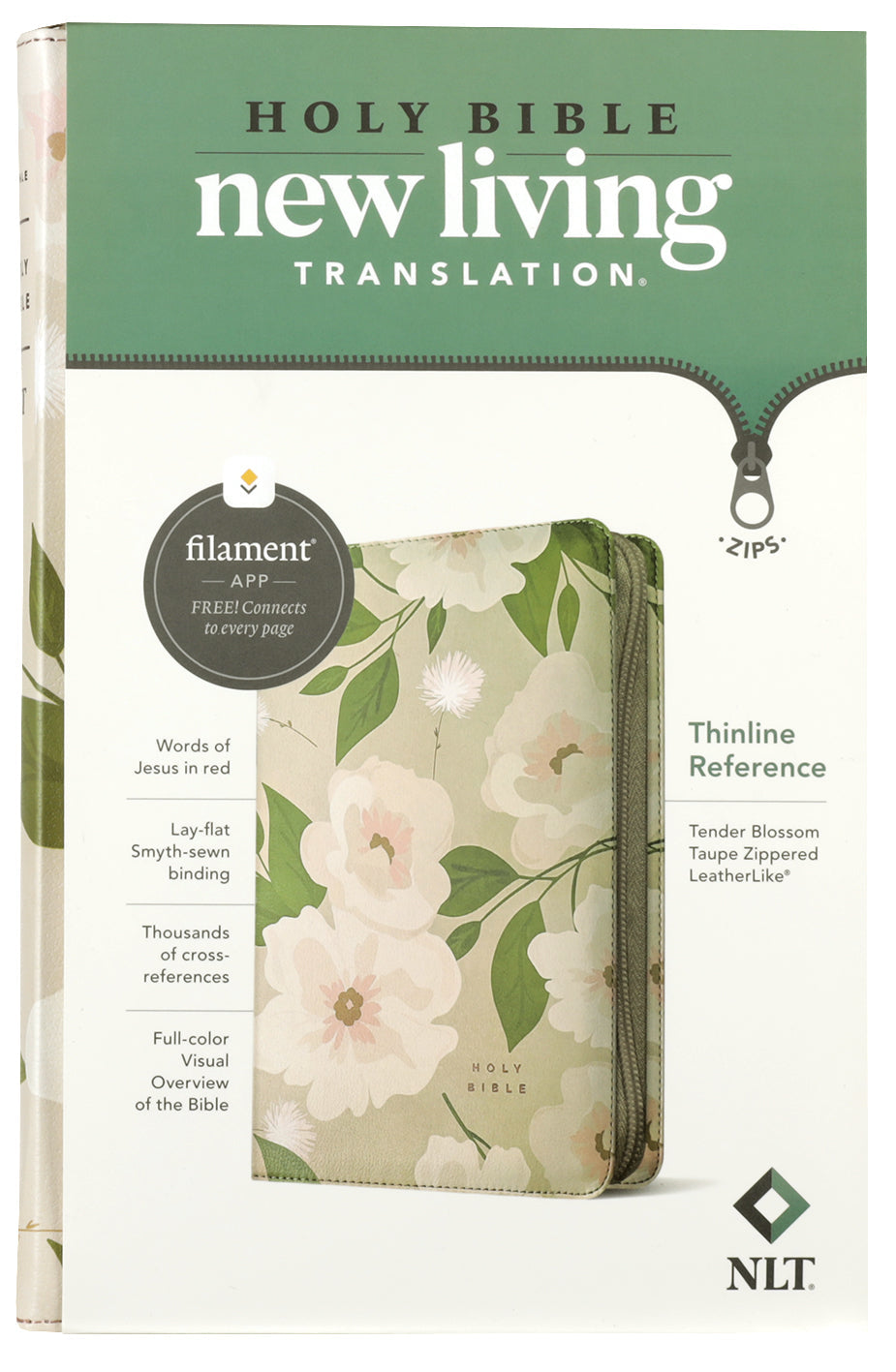 Close-up of NLT Thinline Reference Filament Enabled Bible in Tender Blossom Taupe