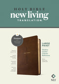 NLT Large Print Thinline Center-Column Reference Bible in a brown leather cover with the Holy Cross emblem and red letter edi