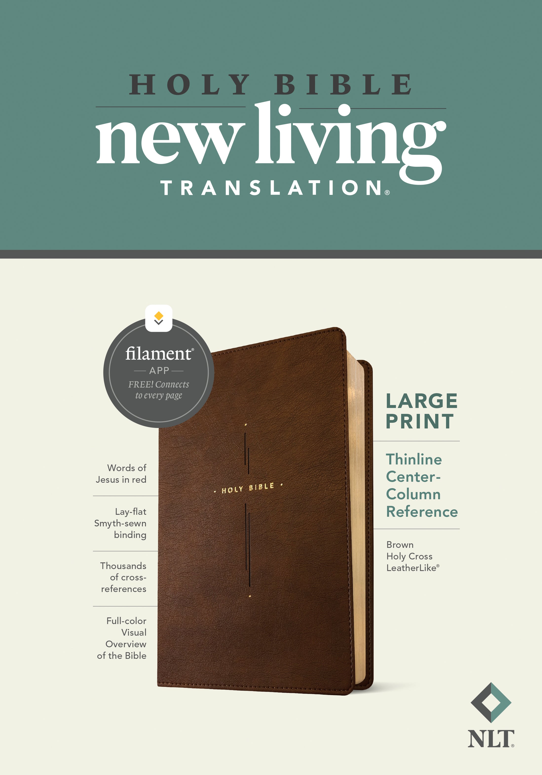 NLT Large Print Thinline Center-Column Reference Bible in a brown leather cover with the Holy Cross emblem and red letter edi