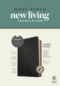 A large print Bible with a thinline design and black cover, ideal for reading and referencing scripture.