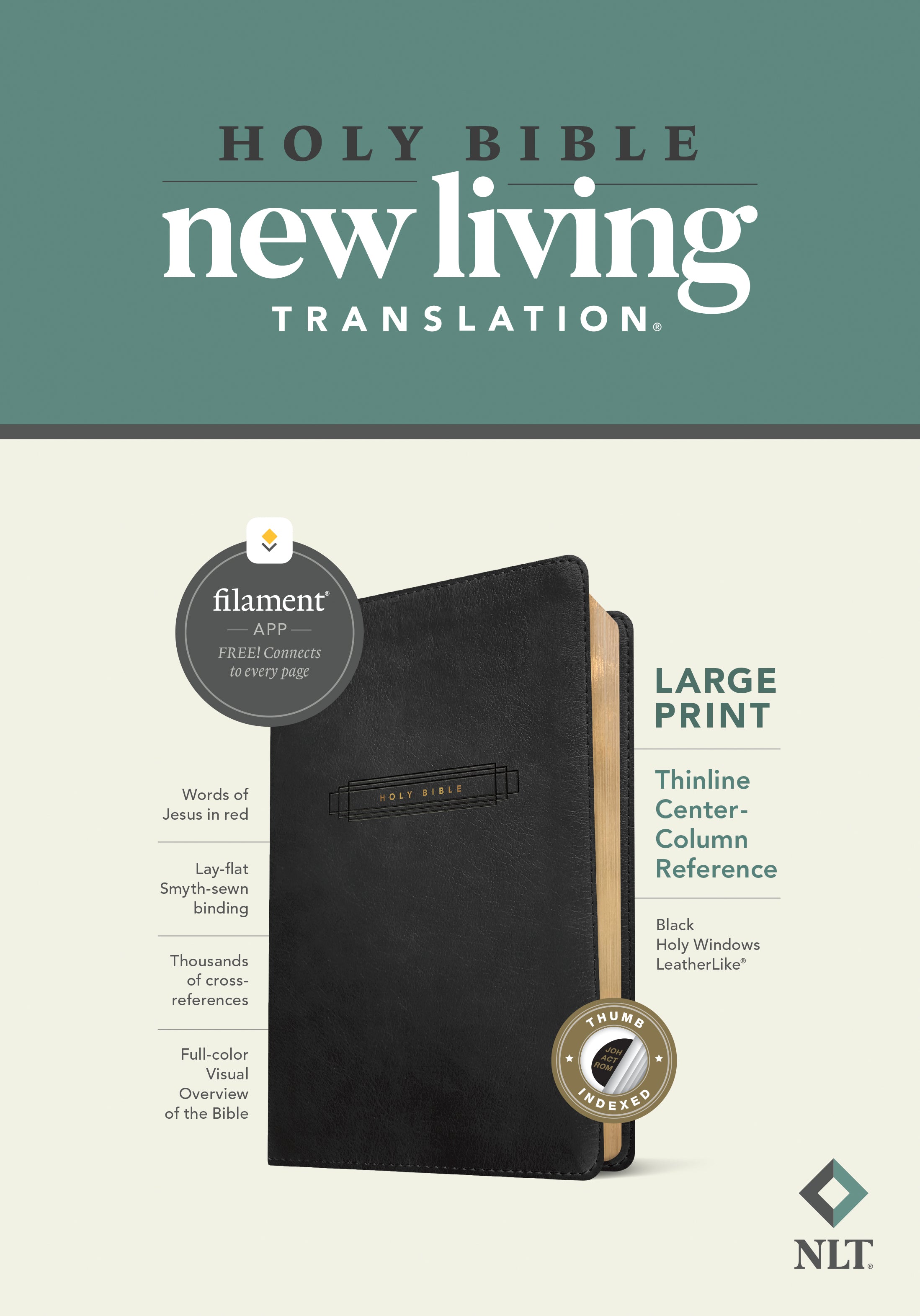 A large print Bible with a thinline design and black cover, ideal for reading and referencing scripture.