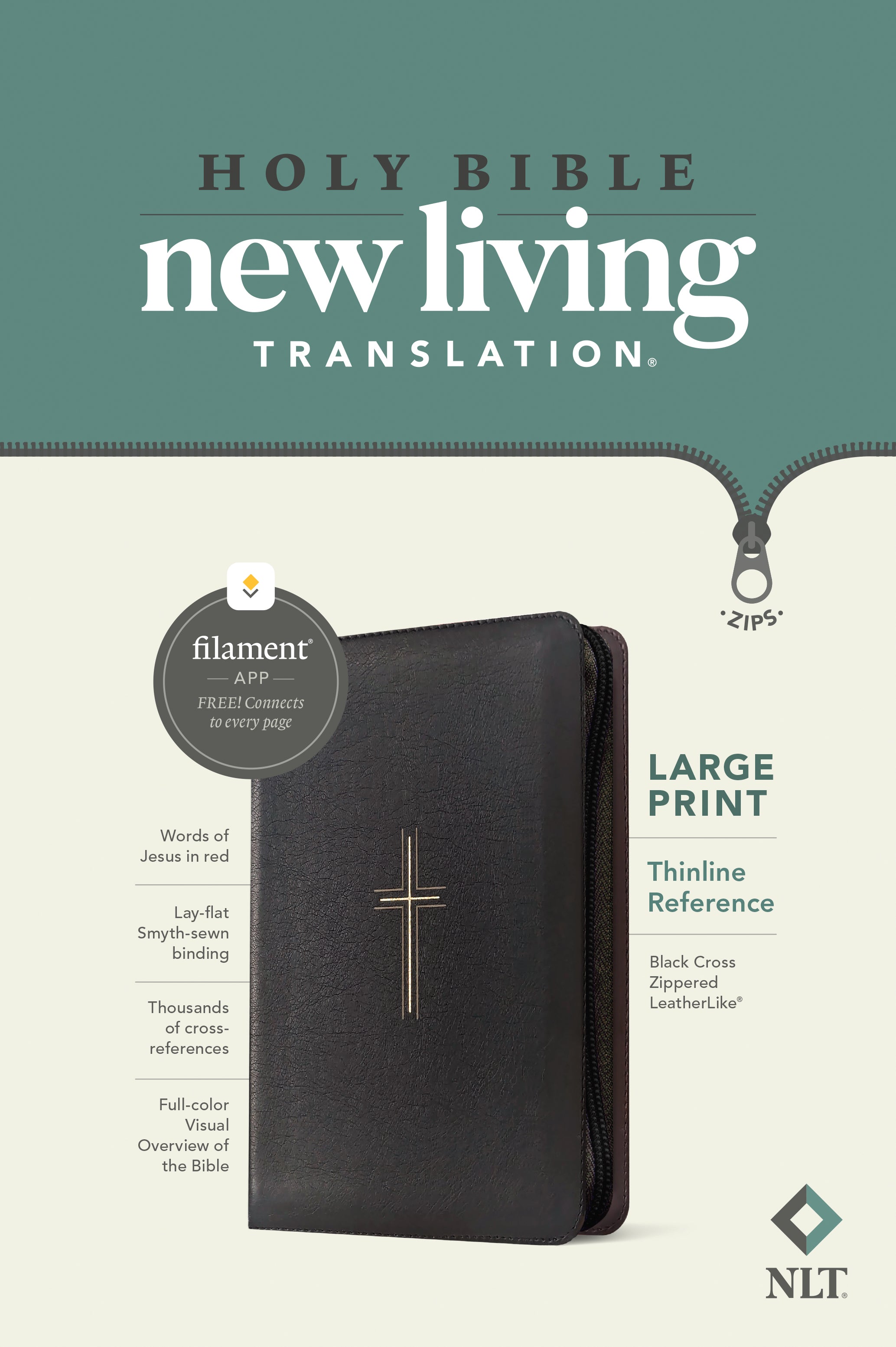 NLT Large Print Thinline Reference Bible with Filament Enabled Black Cross and Red Letter Edition