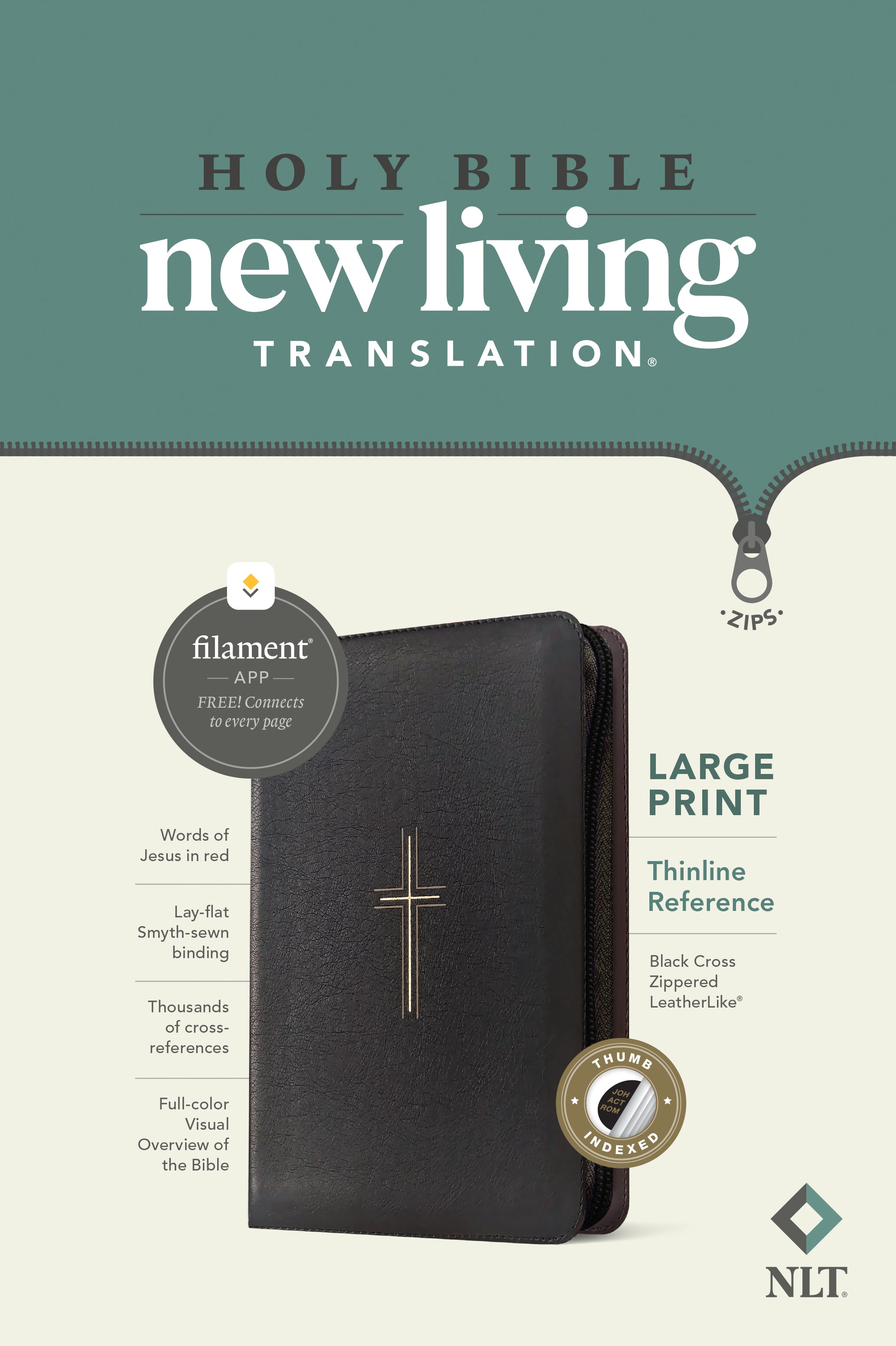 Large print thinline reference Bible with filament enabled pages in black cross tone, red letter edition