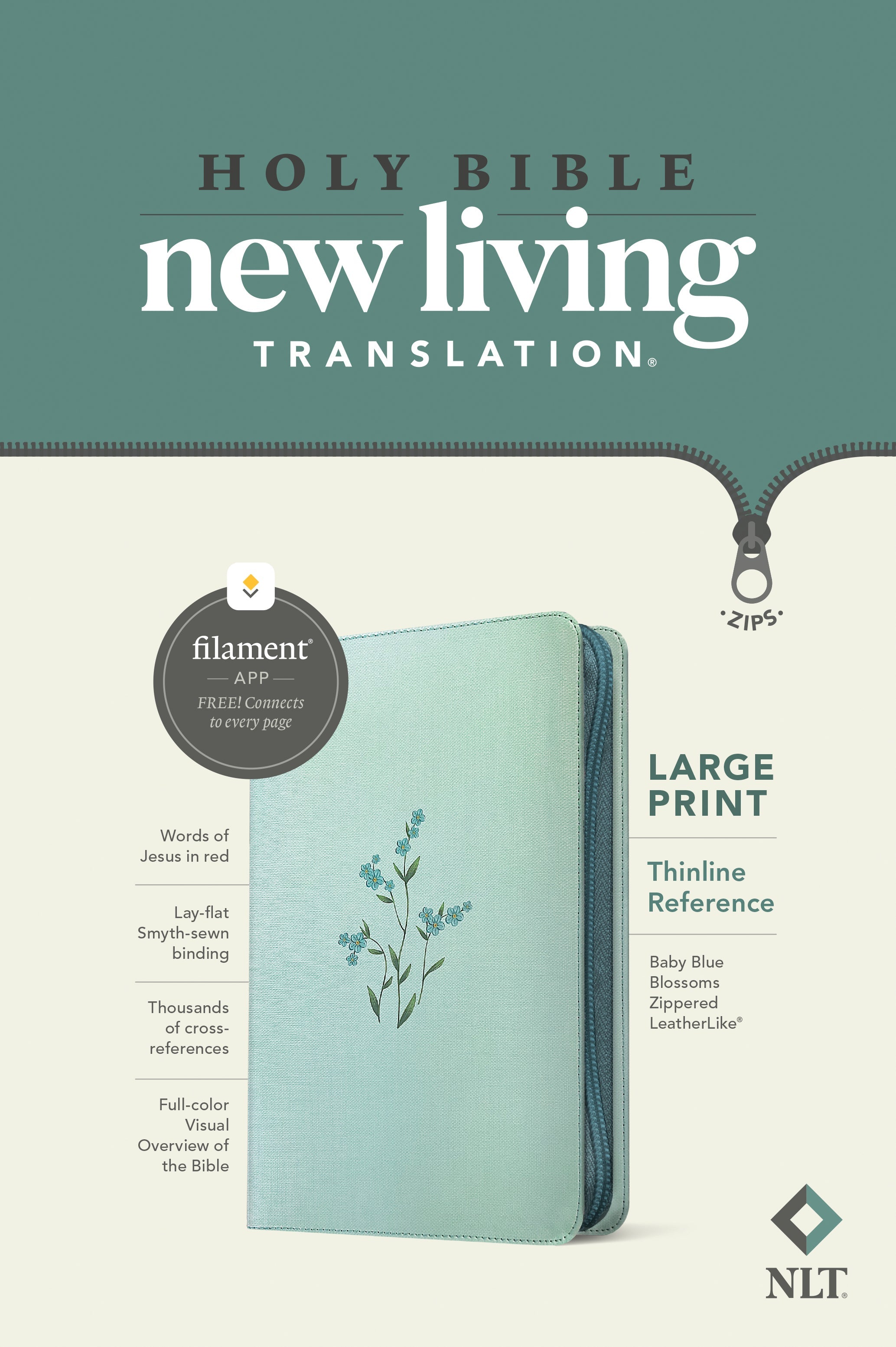 NLT Large Print Thinline Reference Zipper Bible in Baby Blue Blossoms red letter edition, a study Bible with large print and 