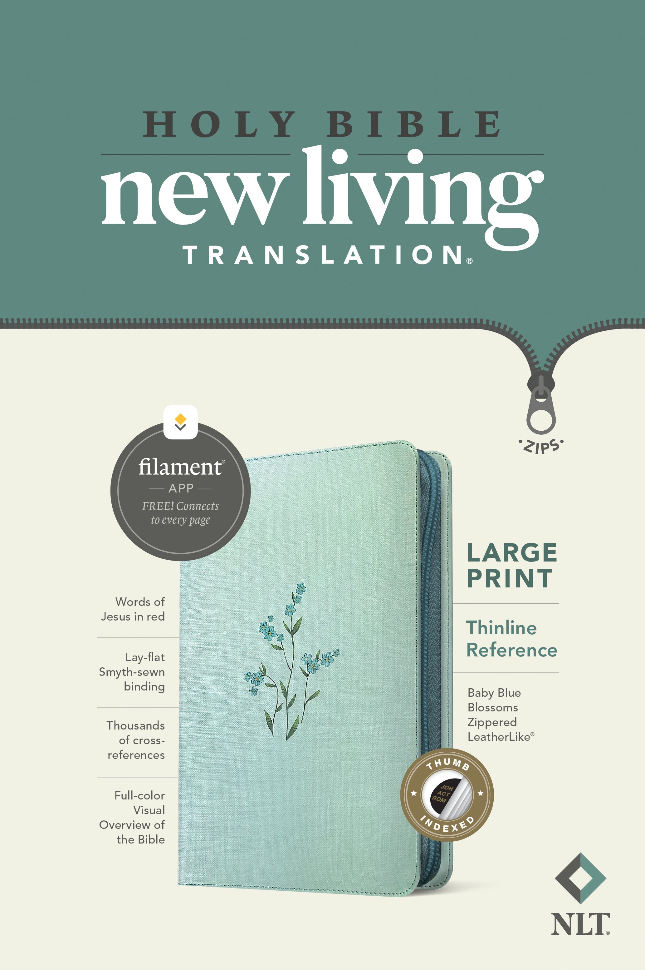 NLT Large Print Thinline Reference Zipper Bible Baby Blue Blossoms Indexed (Red Letter Edition)