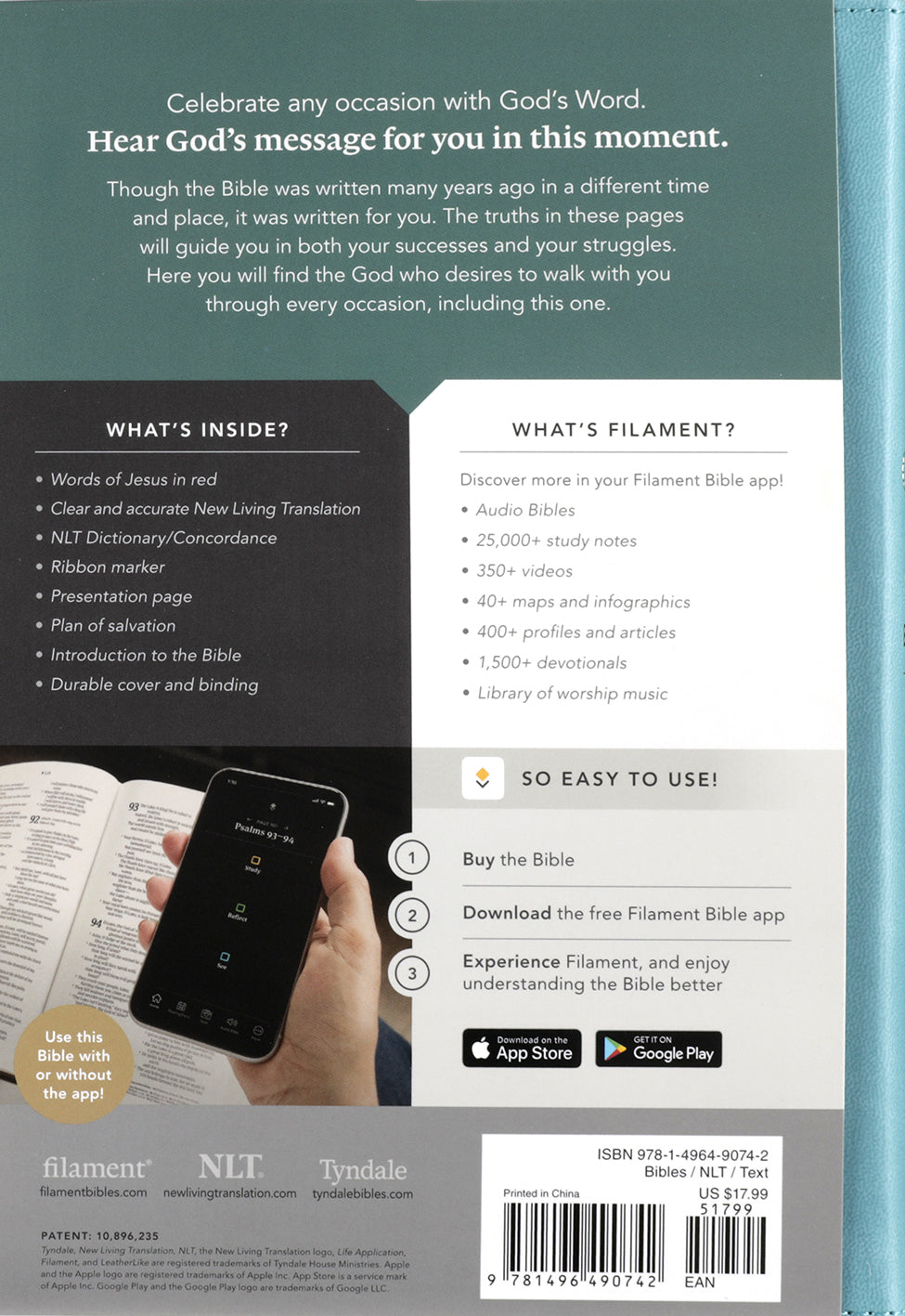 Beautiful Teal Cross NLT Premium Gift Bible, Red Letter Edition