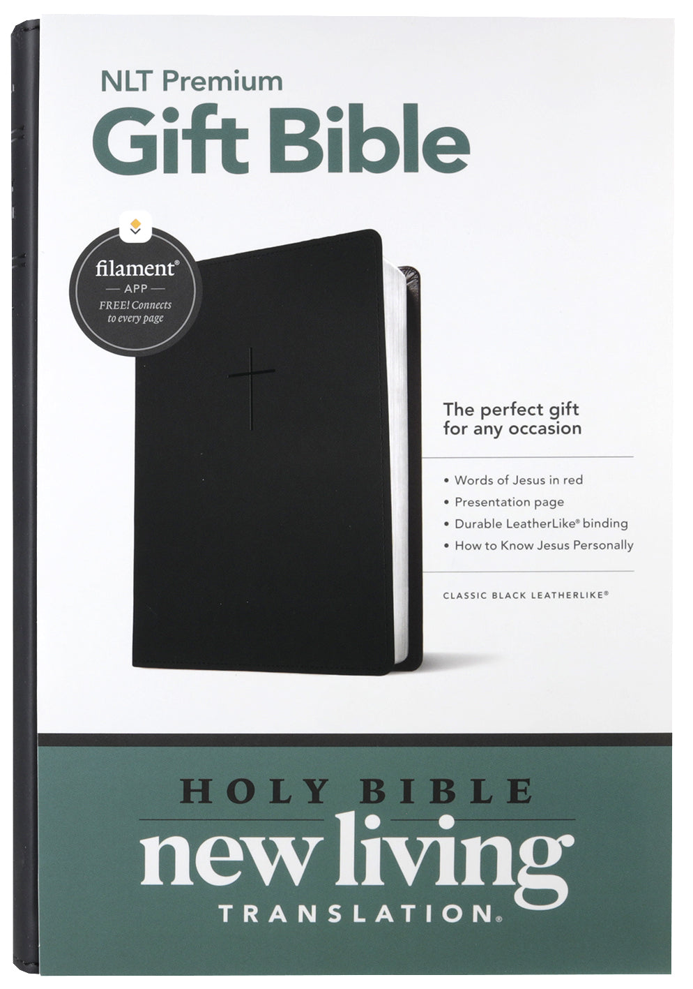 Close-up of NLT Premium Gift Bible classic black leather with red letter text