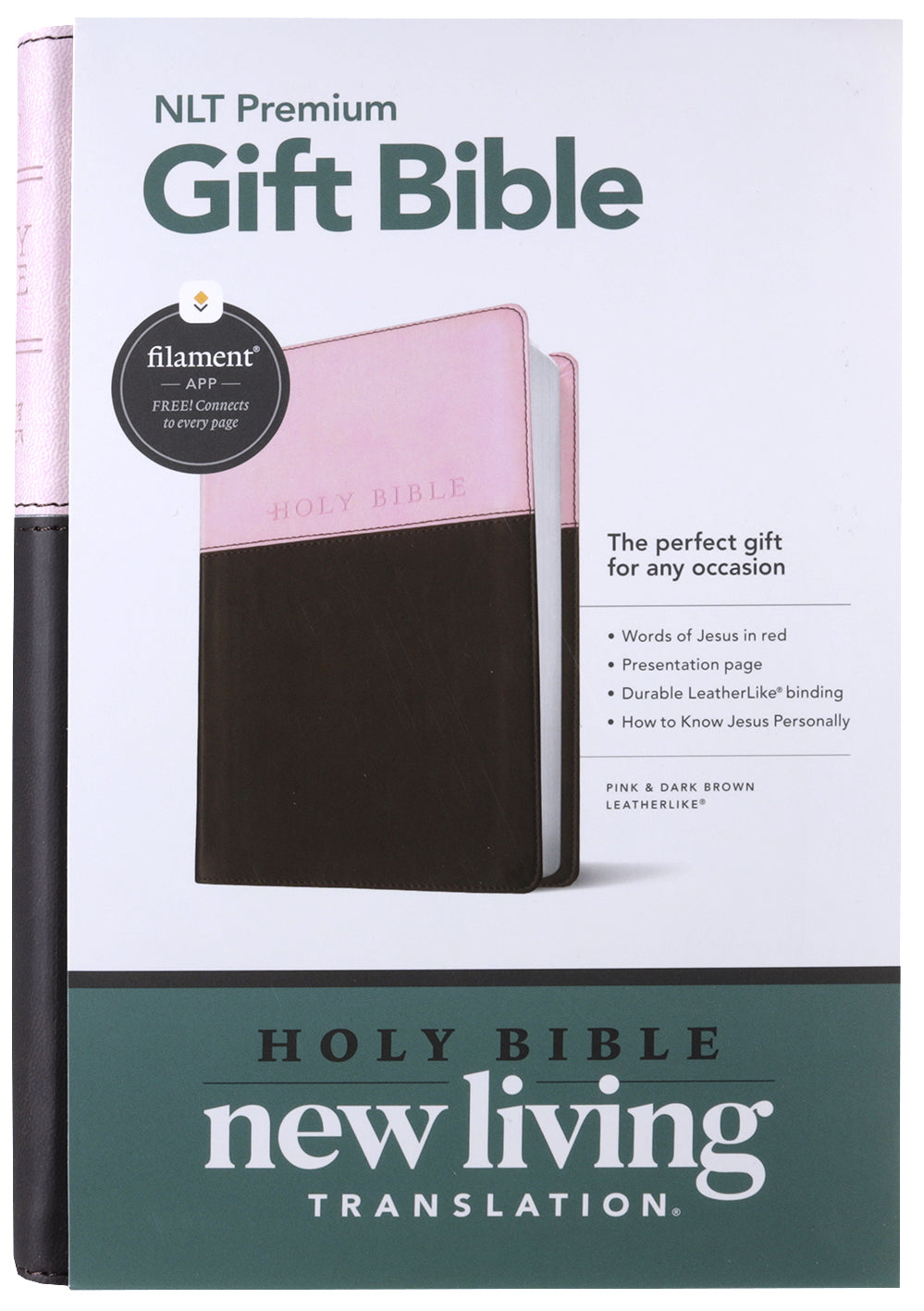 Close-up of NLT Premium Gift Bible in red letter edition and pink and dark brown finish.