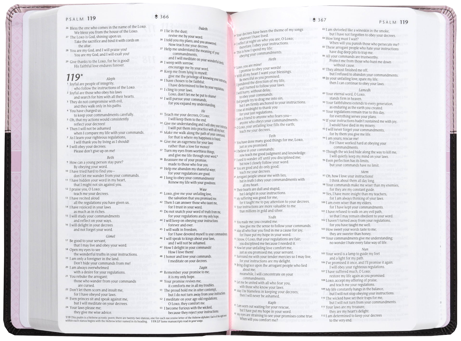 Front cover of NLT Premium Gift Bible showcasing red letter edition design and pink and dark brown color scheme.