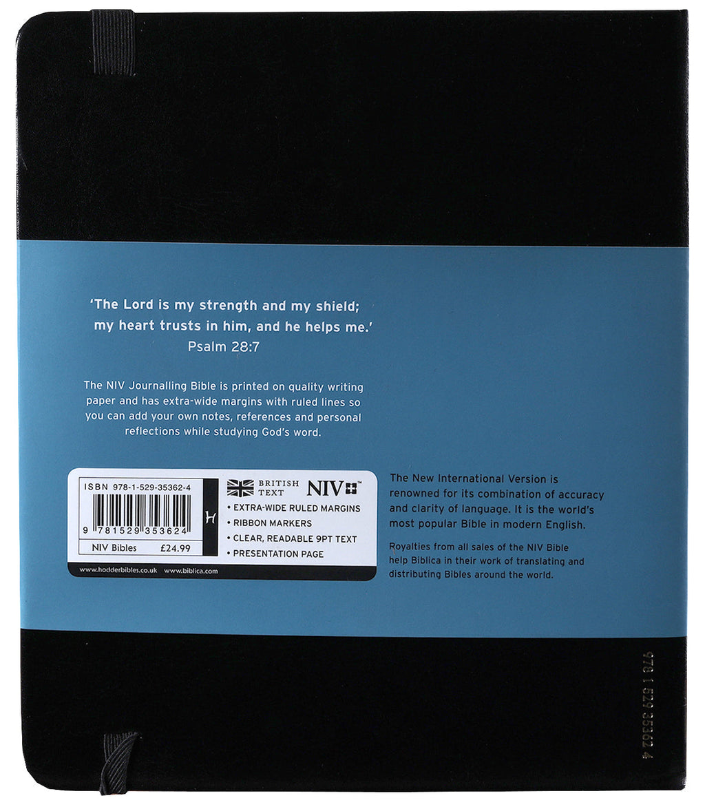 Close-up of the NIV Anglicised Text Journaling Bible with Black Elastic Strap for journaling and reflection.