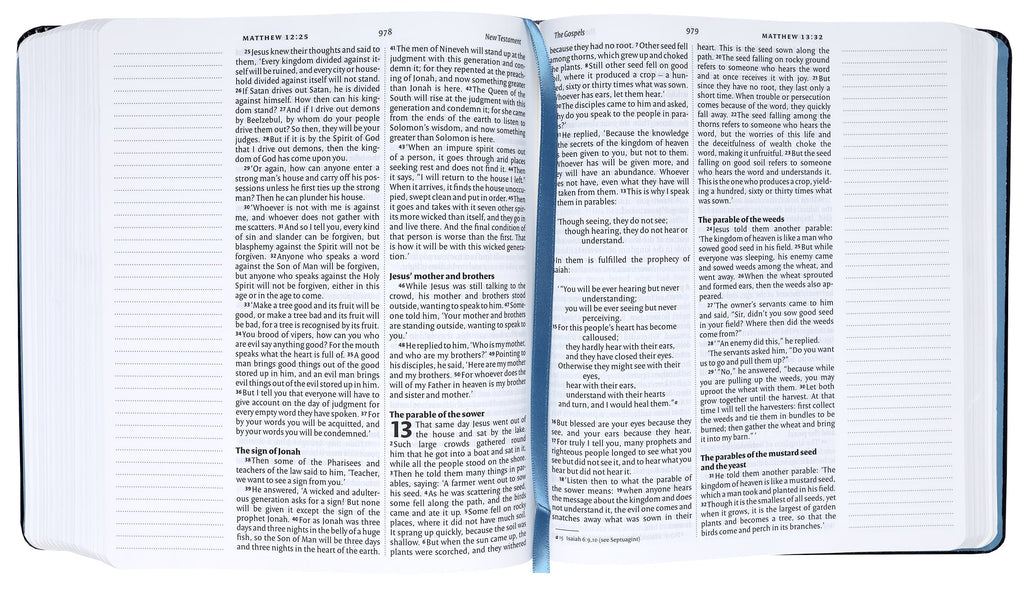 NIV Journaling Bible with black elastic strap and Anglicised text from the side