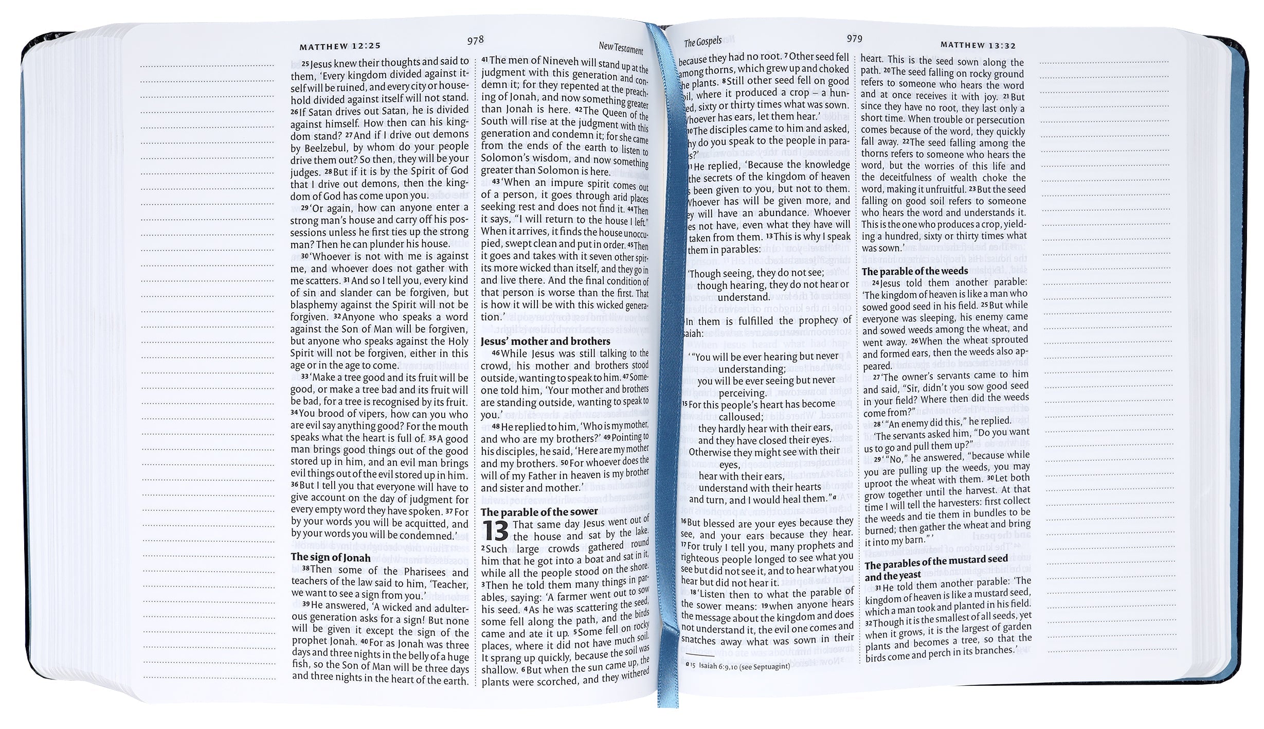 NIV Journaling Bible with black elastic strap and Anglicised text from the side