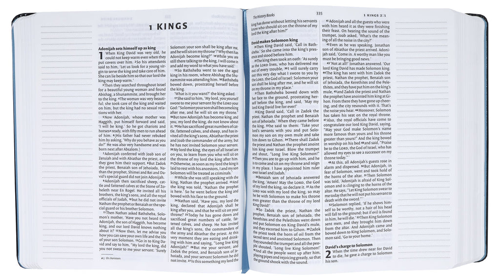NIV Journaling Bible with black elastic strap and Anglicised text open to a page