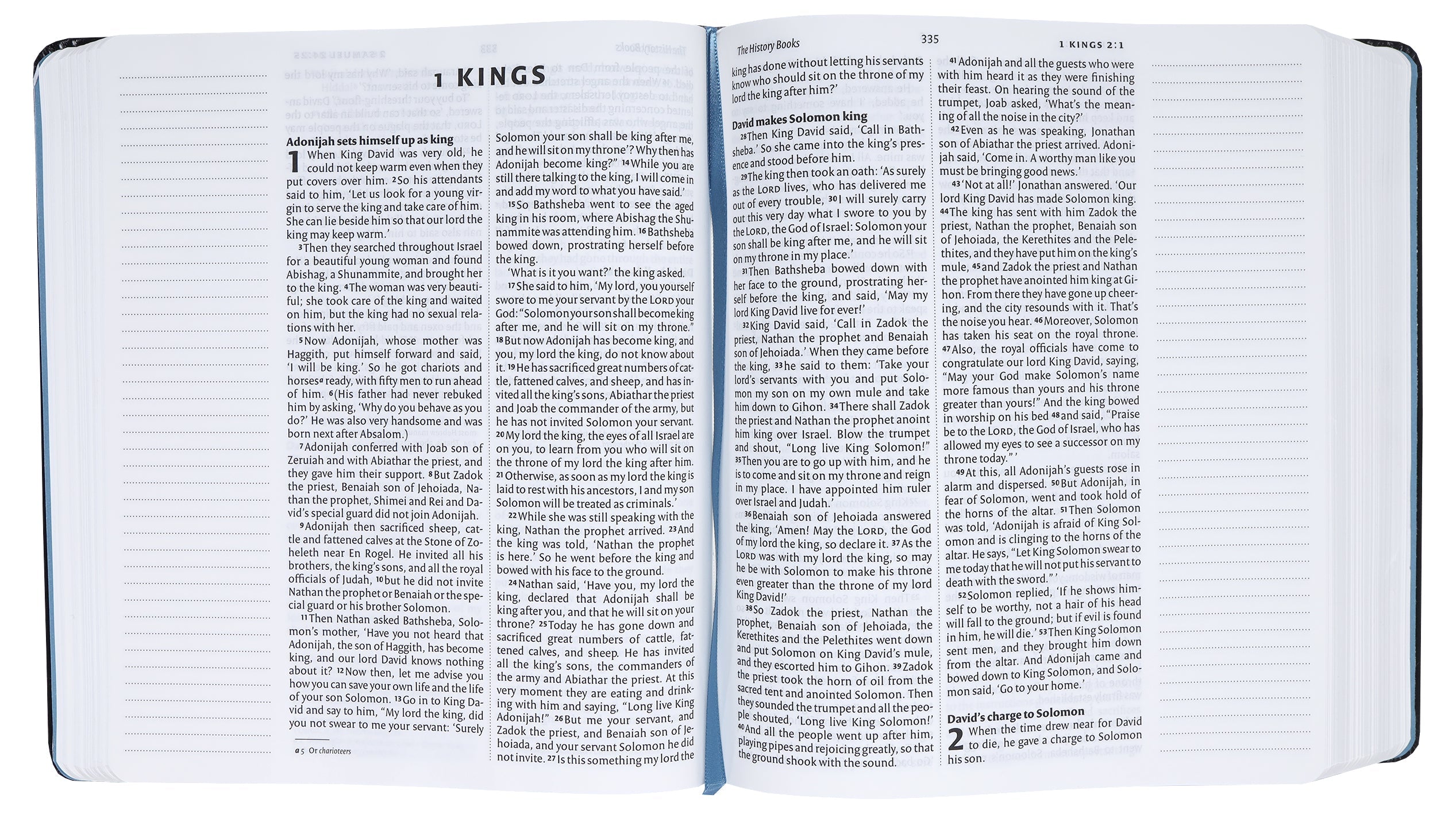 NIV Journaling Bible with black elastic strap and Anglicised text open to a page