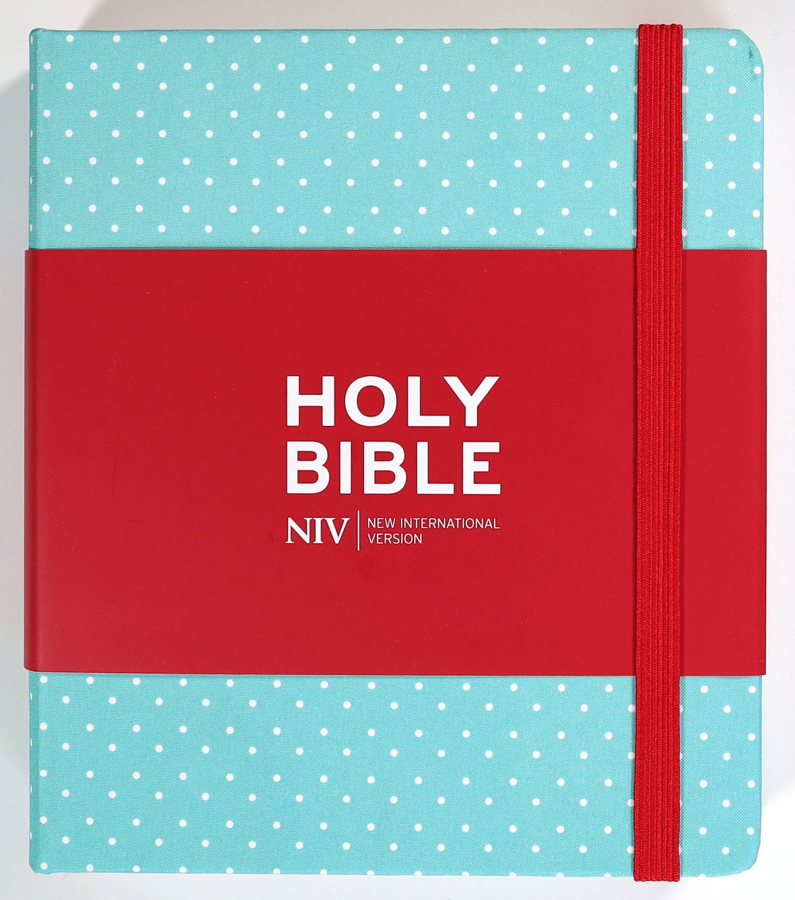 A British edition NIV journaling Bible with a mint polka dot cover and elastic band.