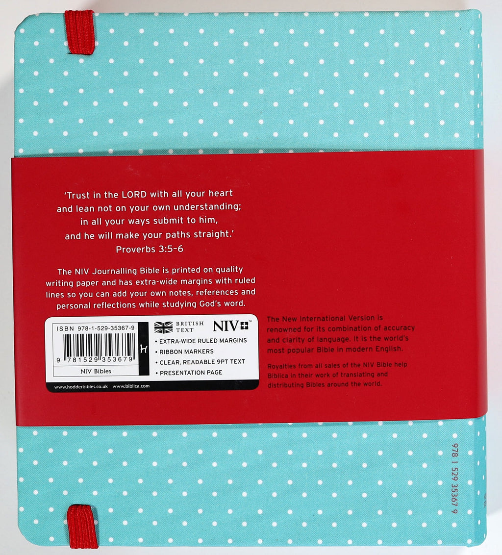 Front cover of a NIV journaling Bible in a mint polka dot design with an elastic band, British edition.