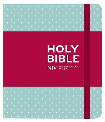 Side view of a NIV journaling Bible with a mint polka dot cover and elastic band, British edition.