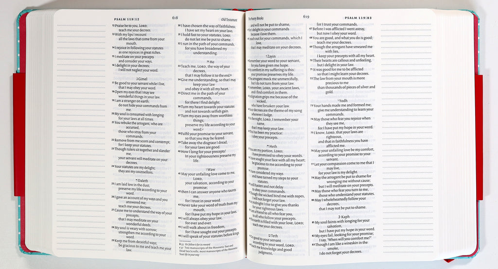 Close-up of a NIV journaling Bible's mint polka dot cover with an elastic band, British edition.