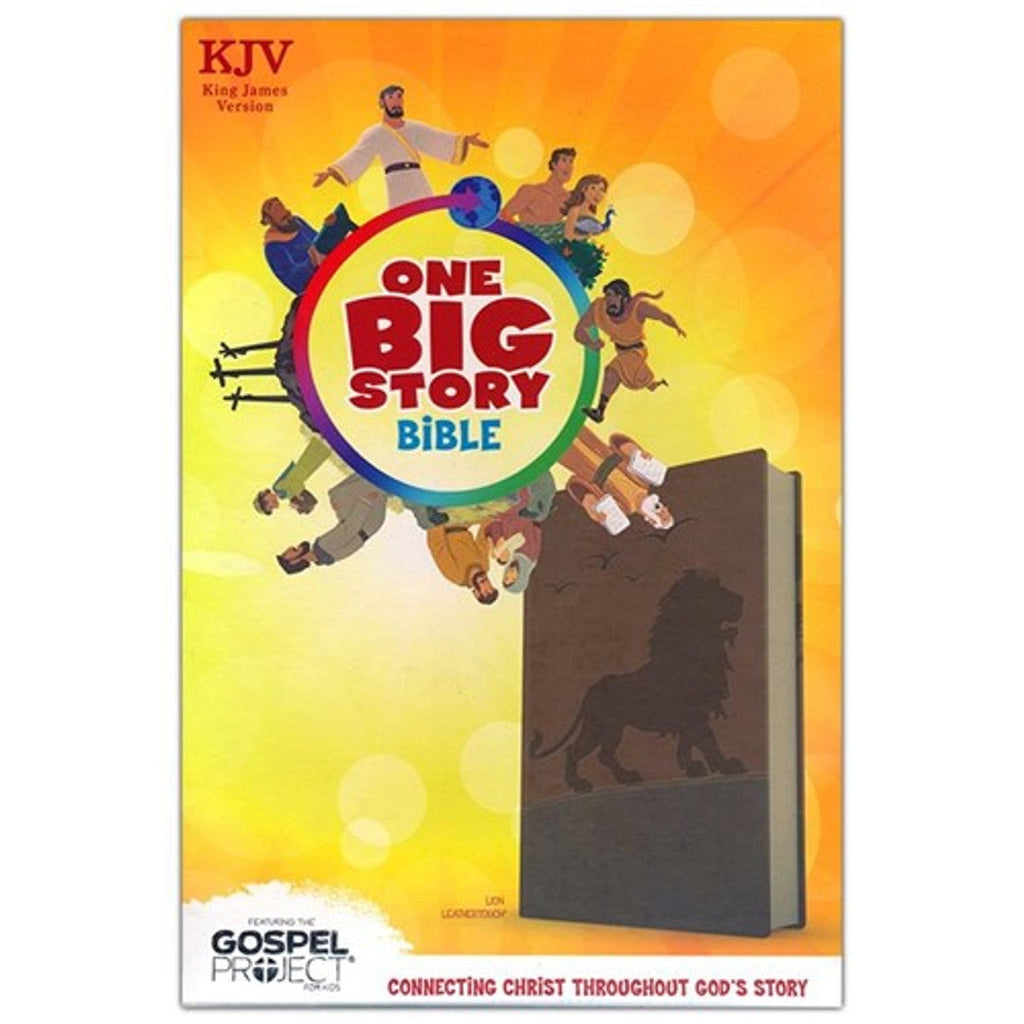 KJV One Big Story Bible with brown lion leather cover and open pages