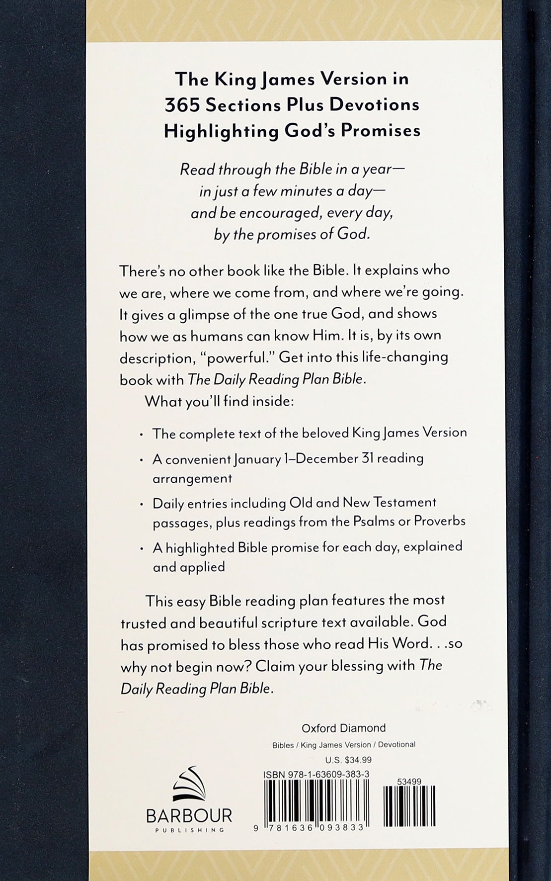 Close-up of the Oxford Diamond binding on the KJV Daily Reading Plan Bible