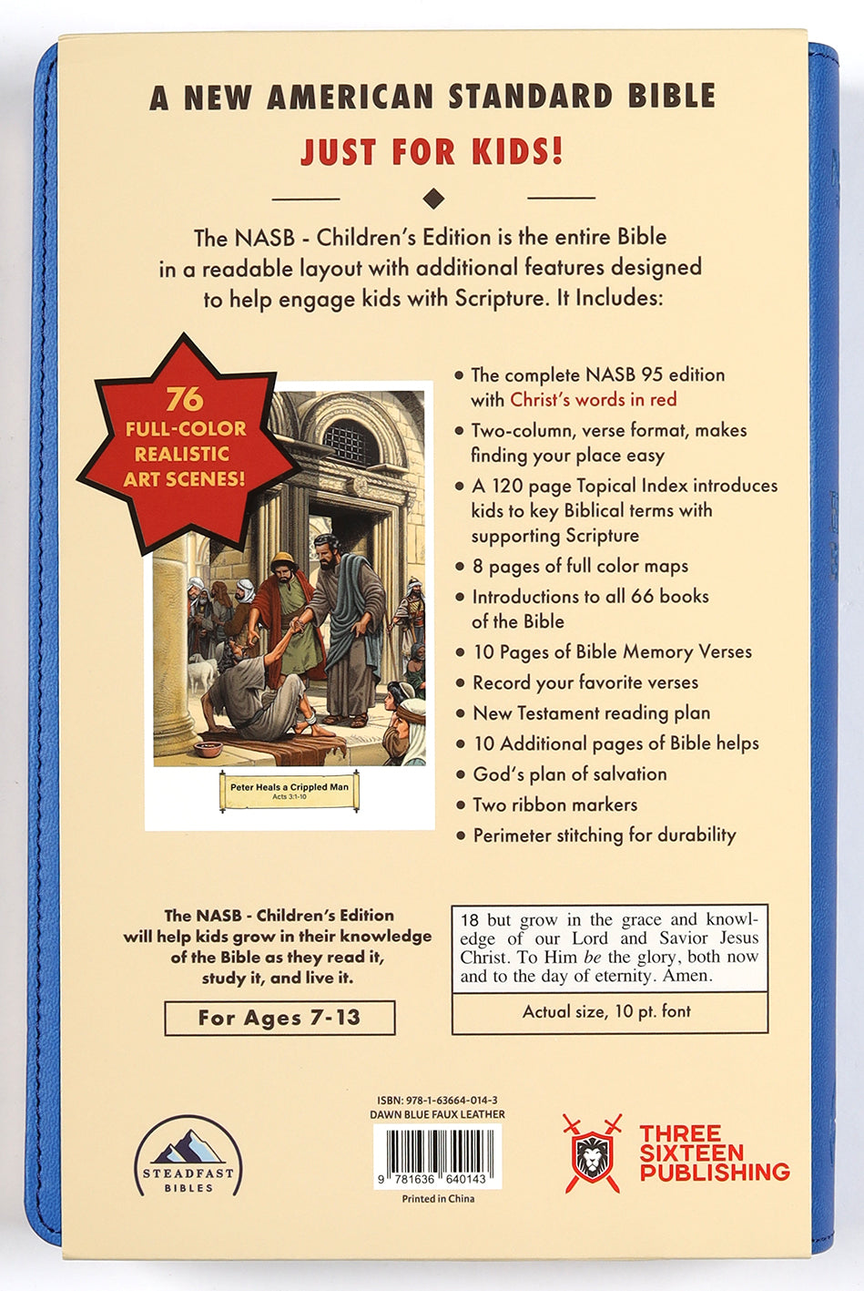 Close-up of the Dawn Blue cover of the NASB Children's Holy Bible with Red Letter edition