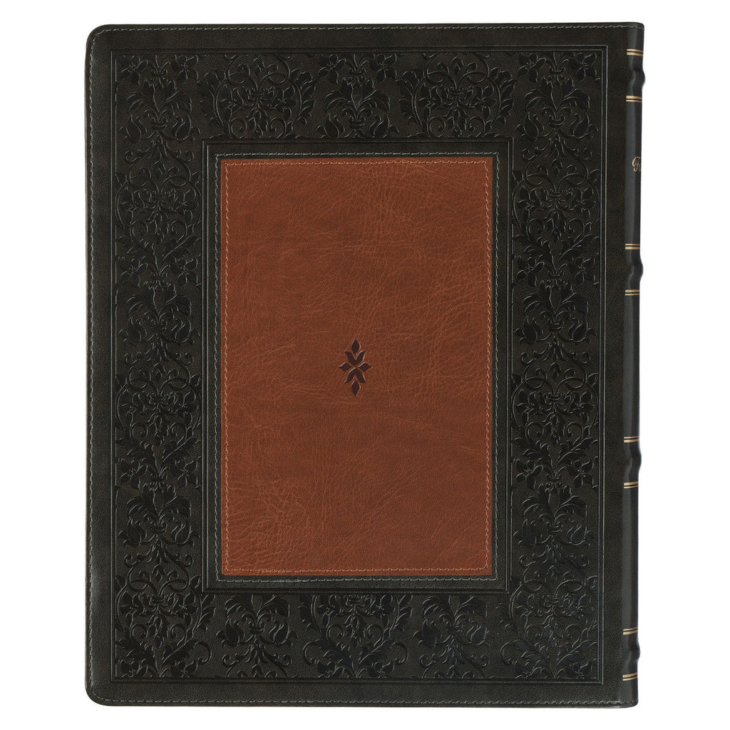 Close-up of NLT Family Heritage Bible thumb index in Olive and Brown