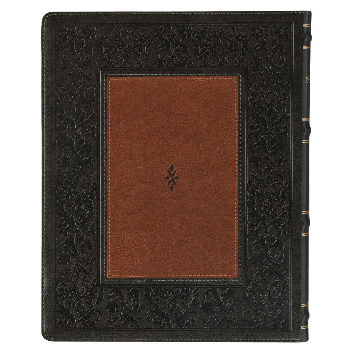Close-up of NLT Family Heritage Bible thumb index in Olive and Brown