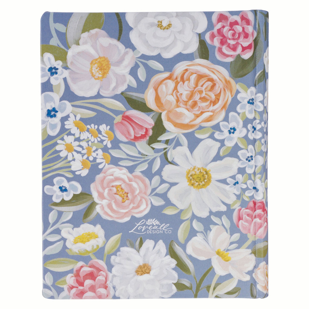 Close-up of blue floral cover on KJV journaling Bible.