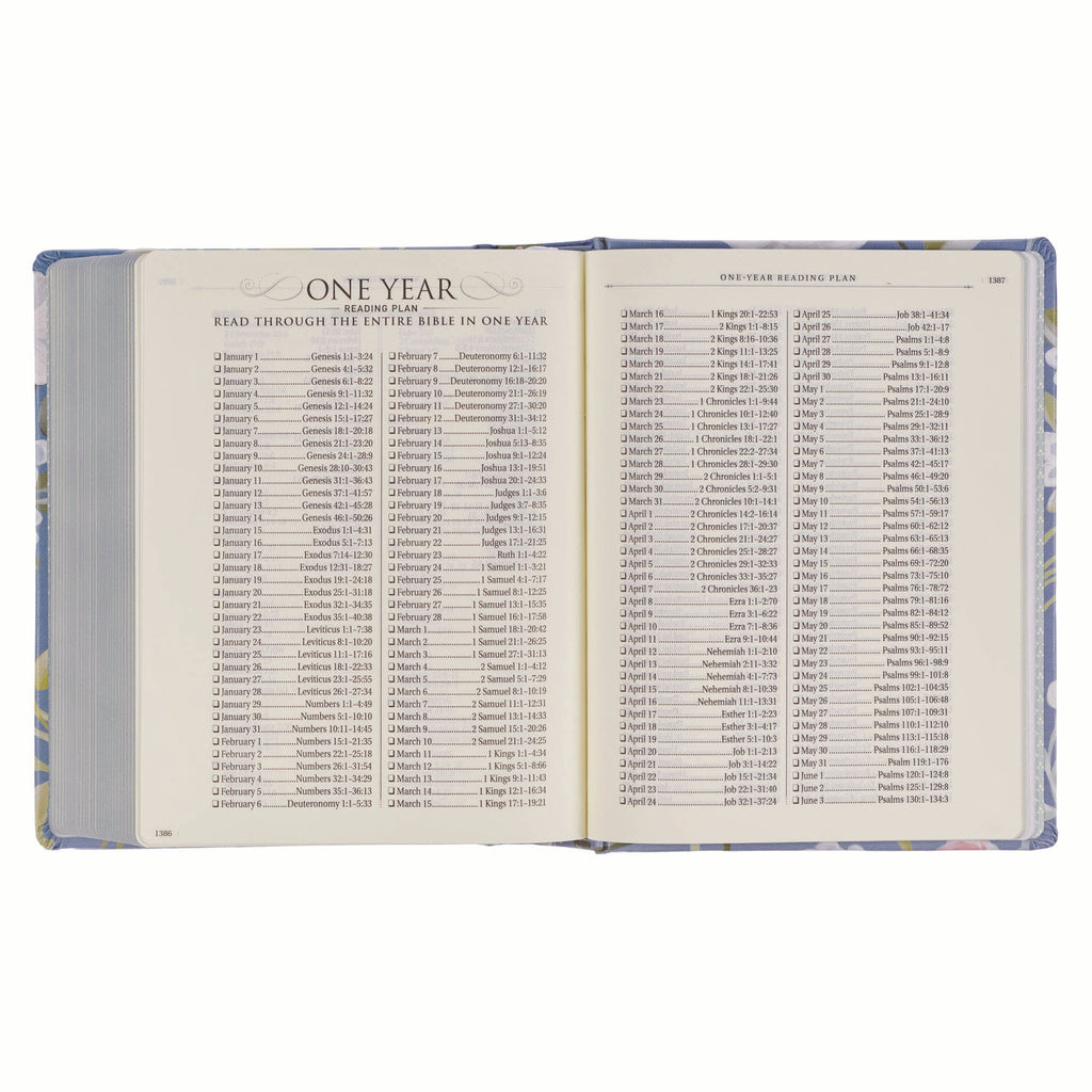 Front cover of KJV journaling Bible with blue floral design and black letter text.