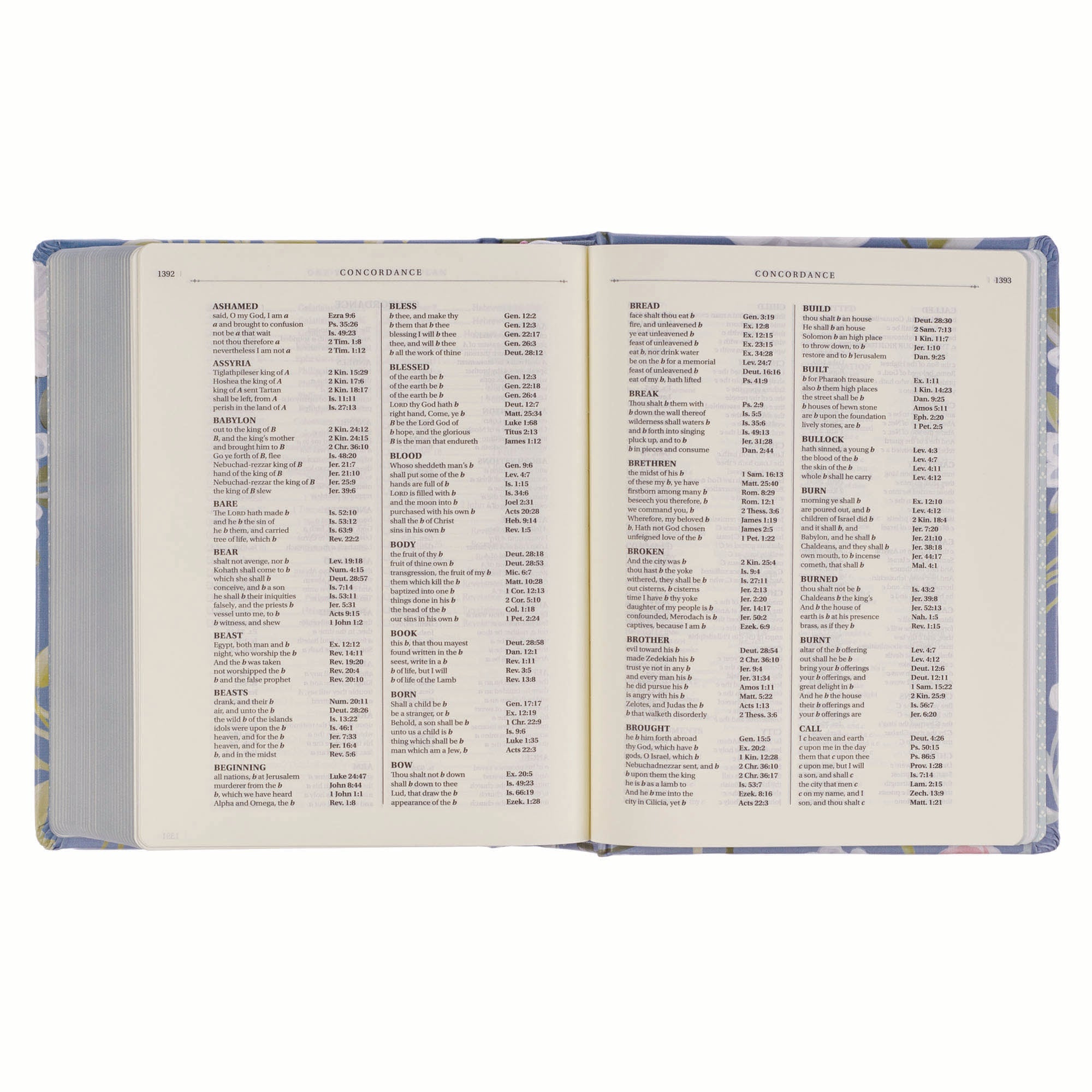 KJV journaling Bible with blue floral cover and black letter text on a bookshelf.