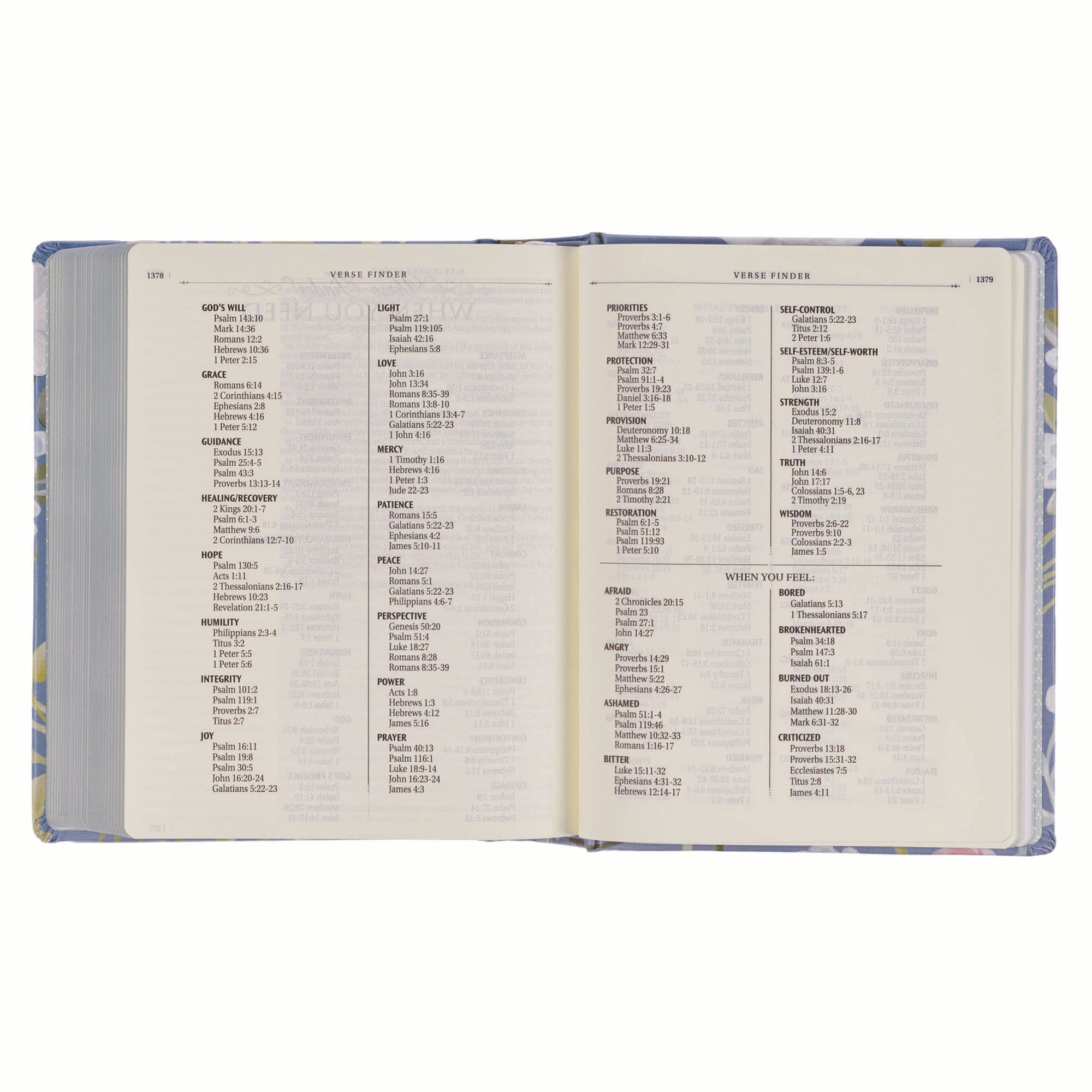 Interior of KJV journaling Bible with space for notes and blue floral cover.