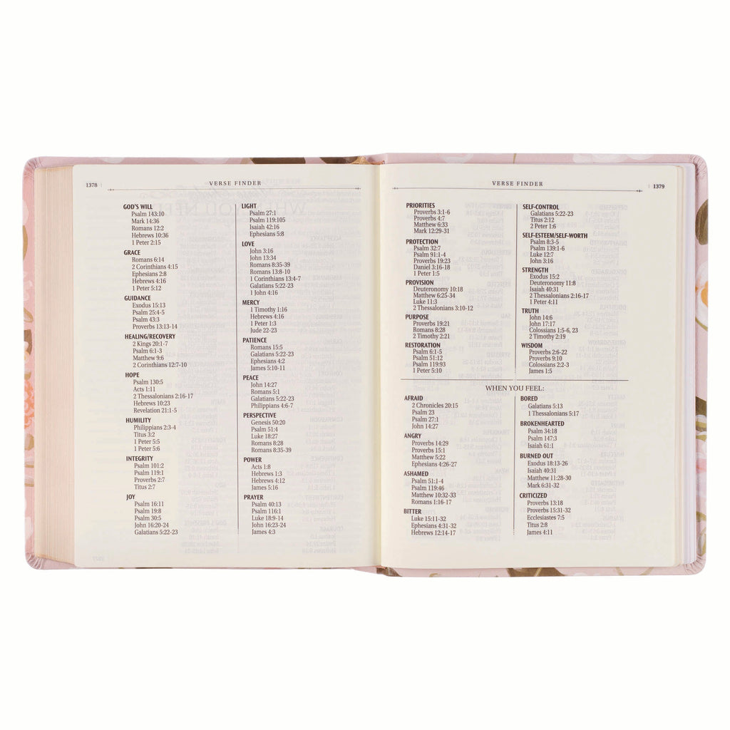 Lay-flat design of Pink Floral KJV Journaling Bible for easy reading