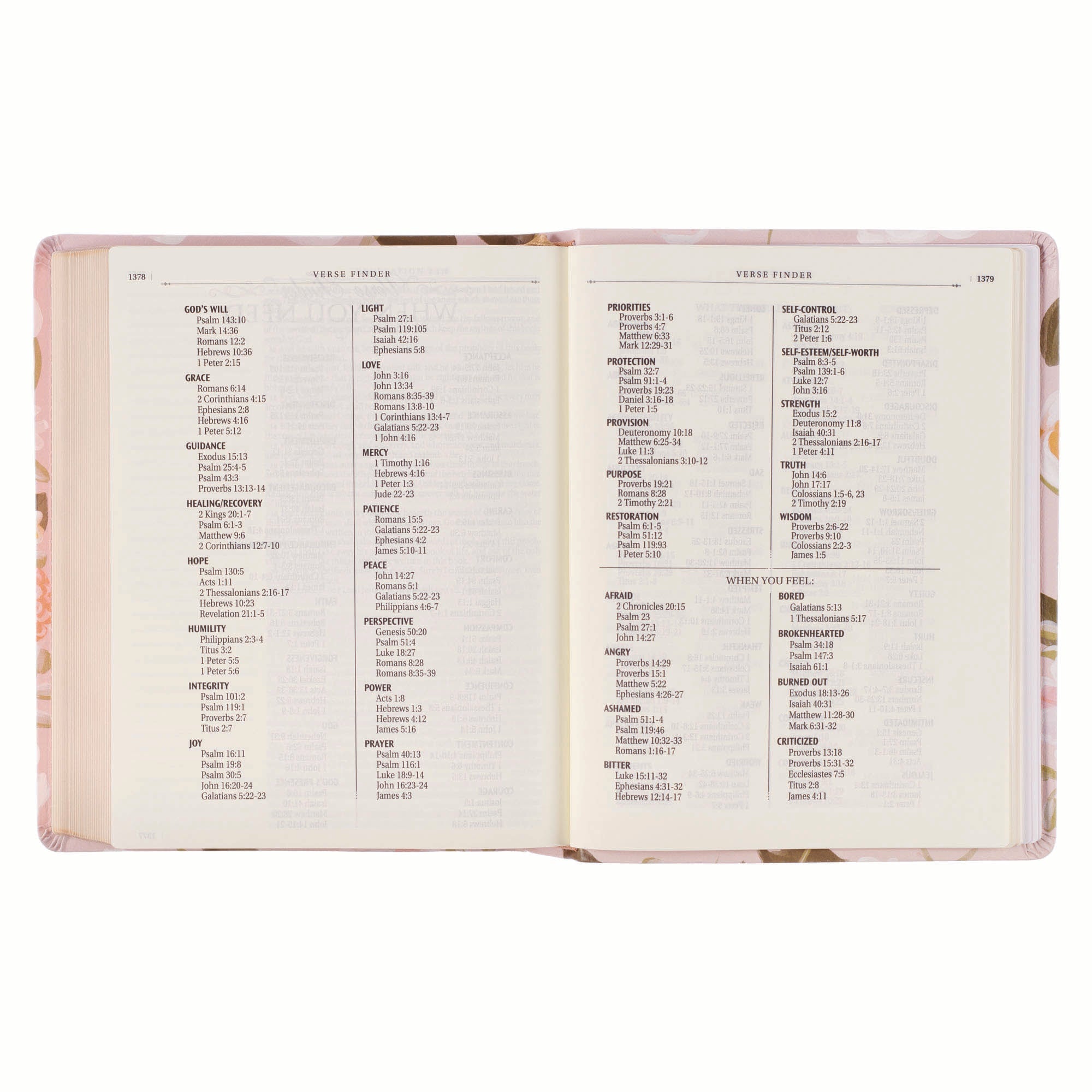 Lay-flat design of Pink Floral KJV Journaling Bible for easy reading