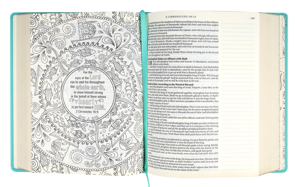 Interior view of KJV My Promise Bible Teal, with teal pages and space for journaling and notes