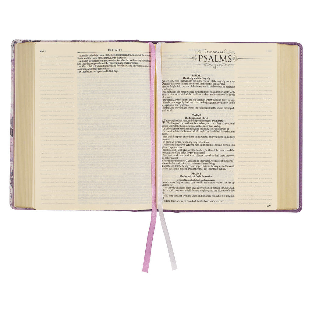 Side view of the Purple Floral KJV Bible with black letter edition for note-taking and journaling.