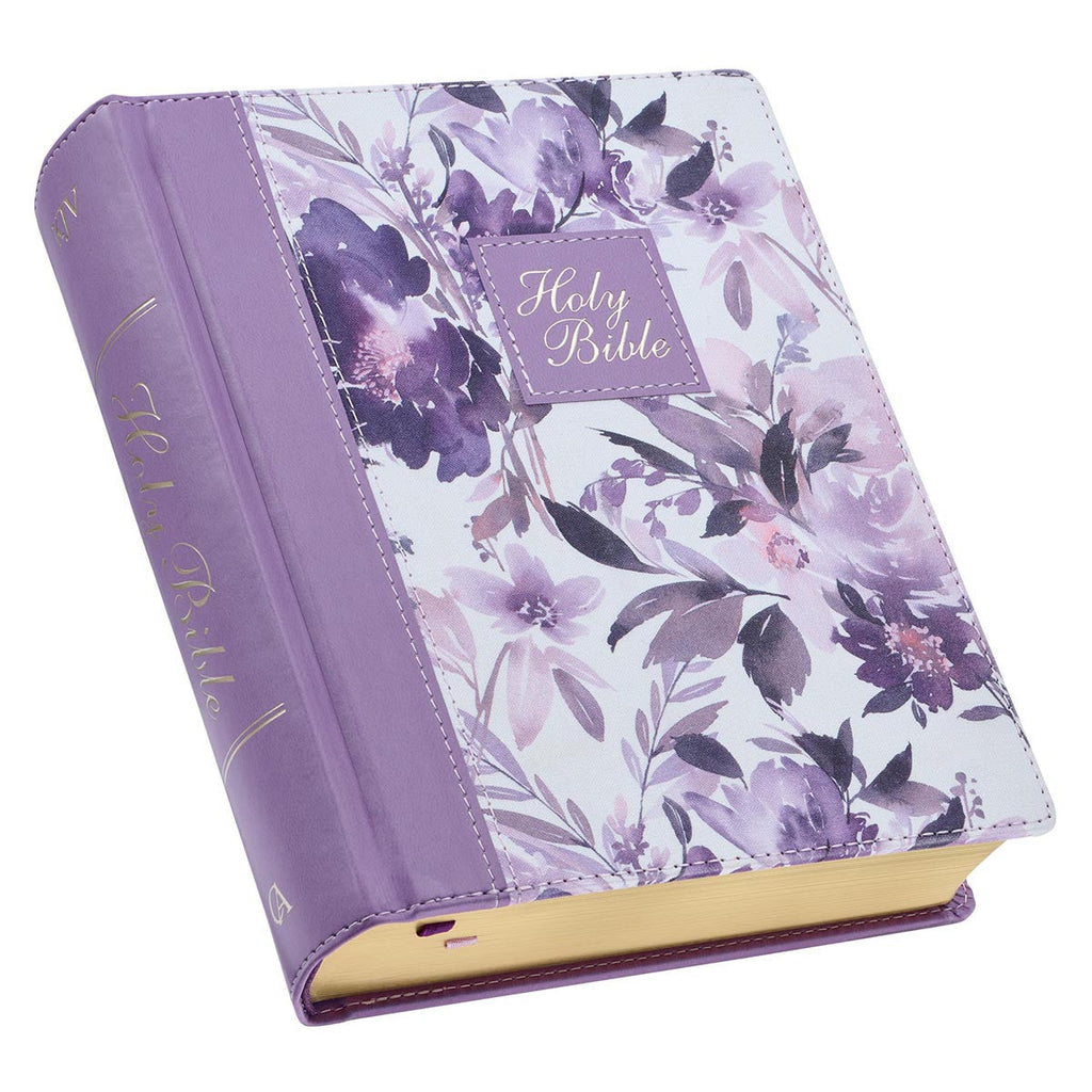 Close-up of the Purple Floral KJV Bible with black letter edition for note-taking and journaling.