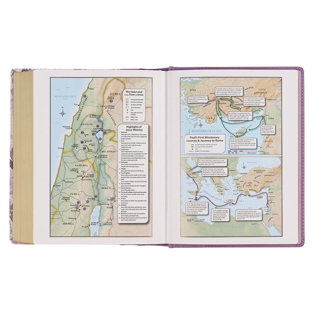 Interior pages of the Purple Floral KJV Bible with black letter edition for note-taking and journaling.