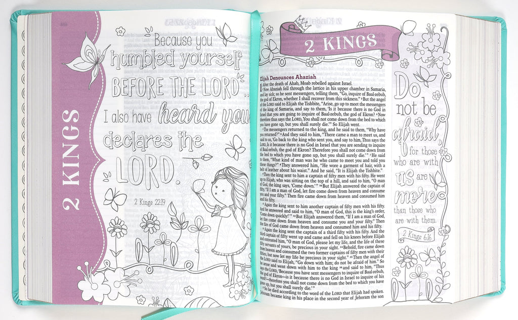 Back cover of the ESV My Creative Bible for Girls, highlighting a teal butterfly pattern.