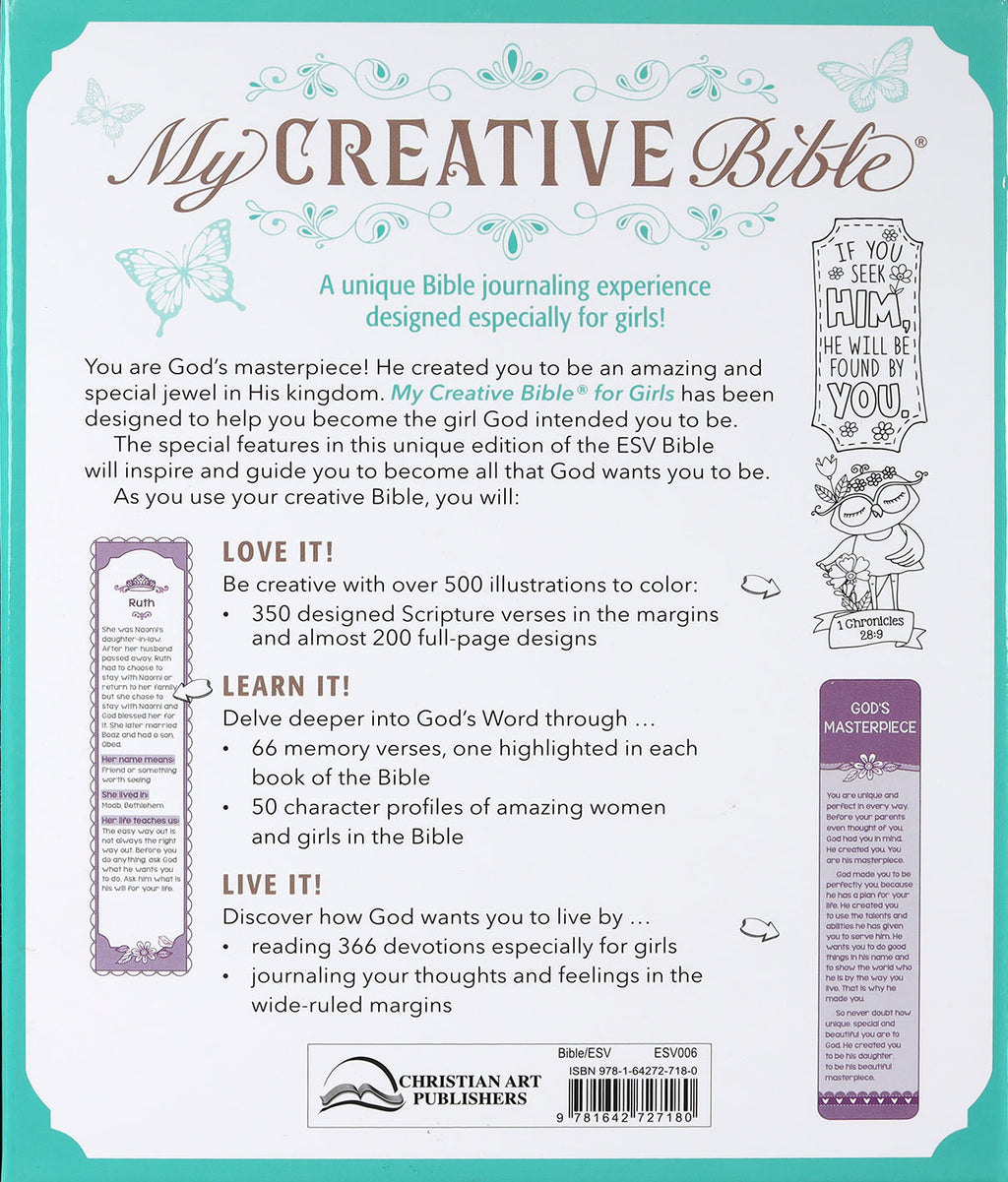 Close-up of the ESV My Creative Bible for Girls, showcasing a vibrant teal butterfly pattern.
