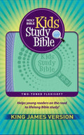 Children's Bible with study notes and red letter edition in a flexible purple and green cover