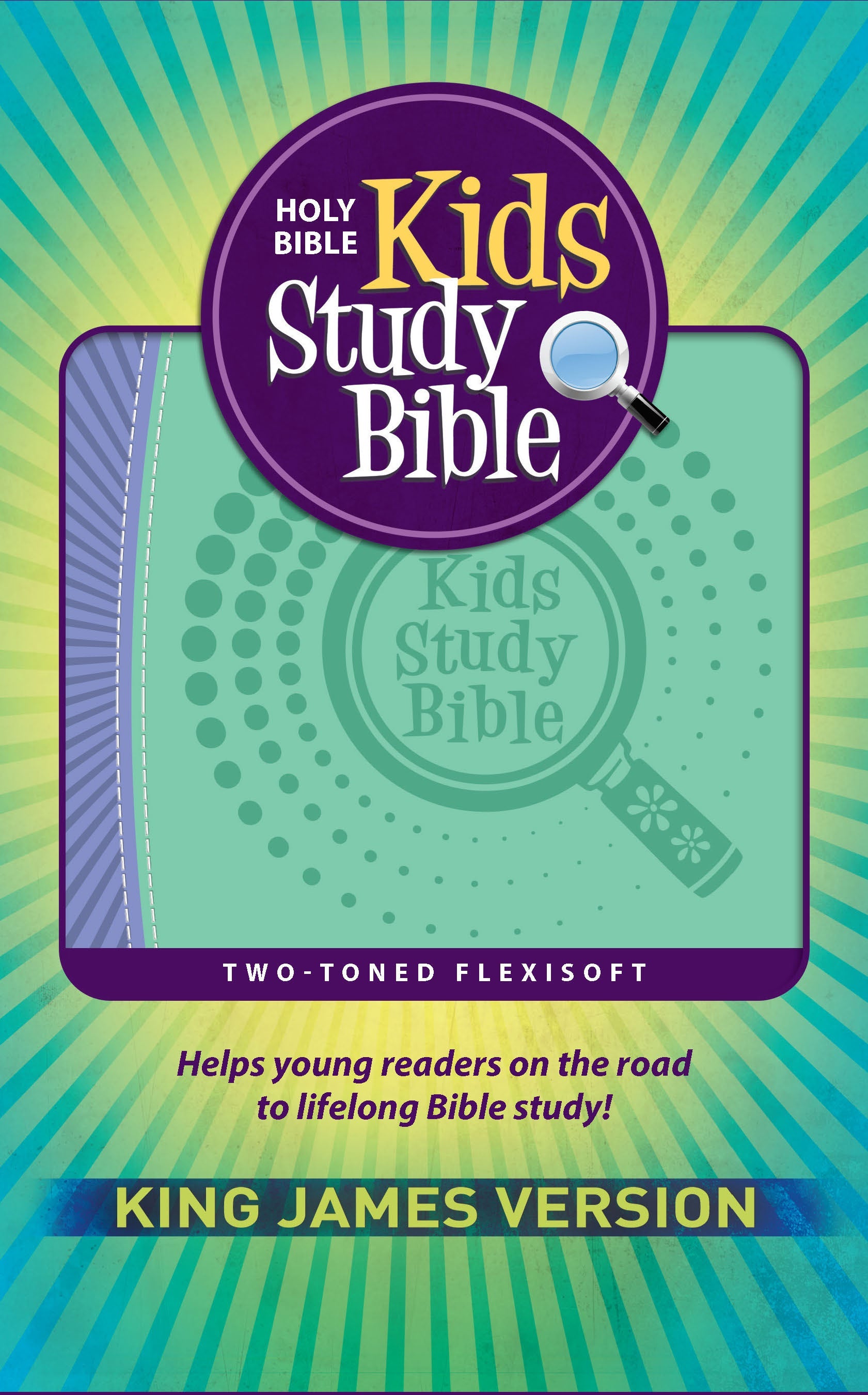 Children's Bible with study notes and red letter edition in a flexible purple and green cover