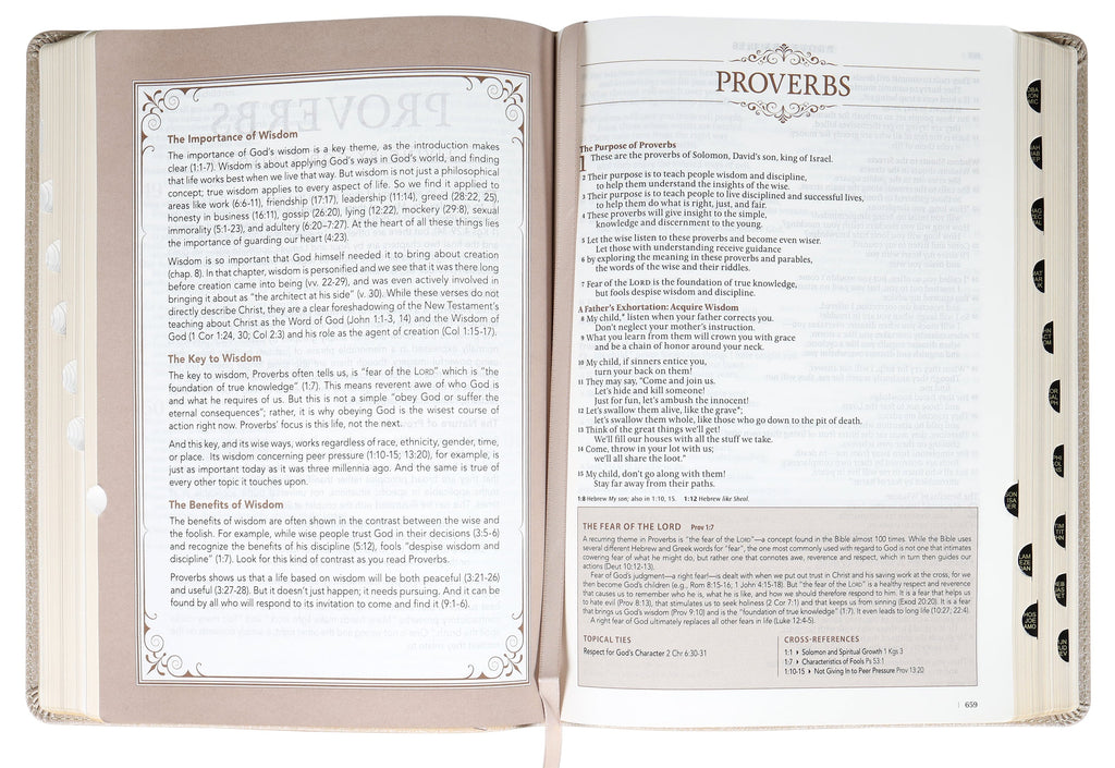 NLT Spiritual Growth Bible featuring pearled ivory indexed pages