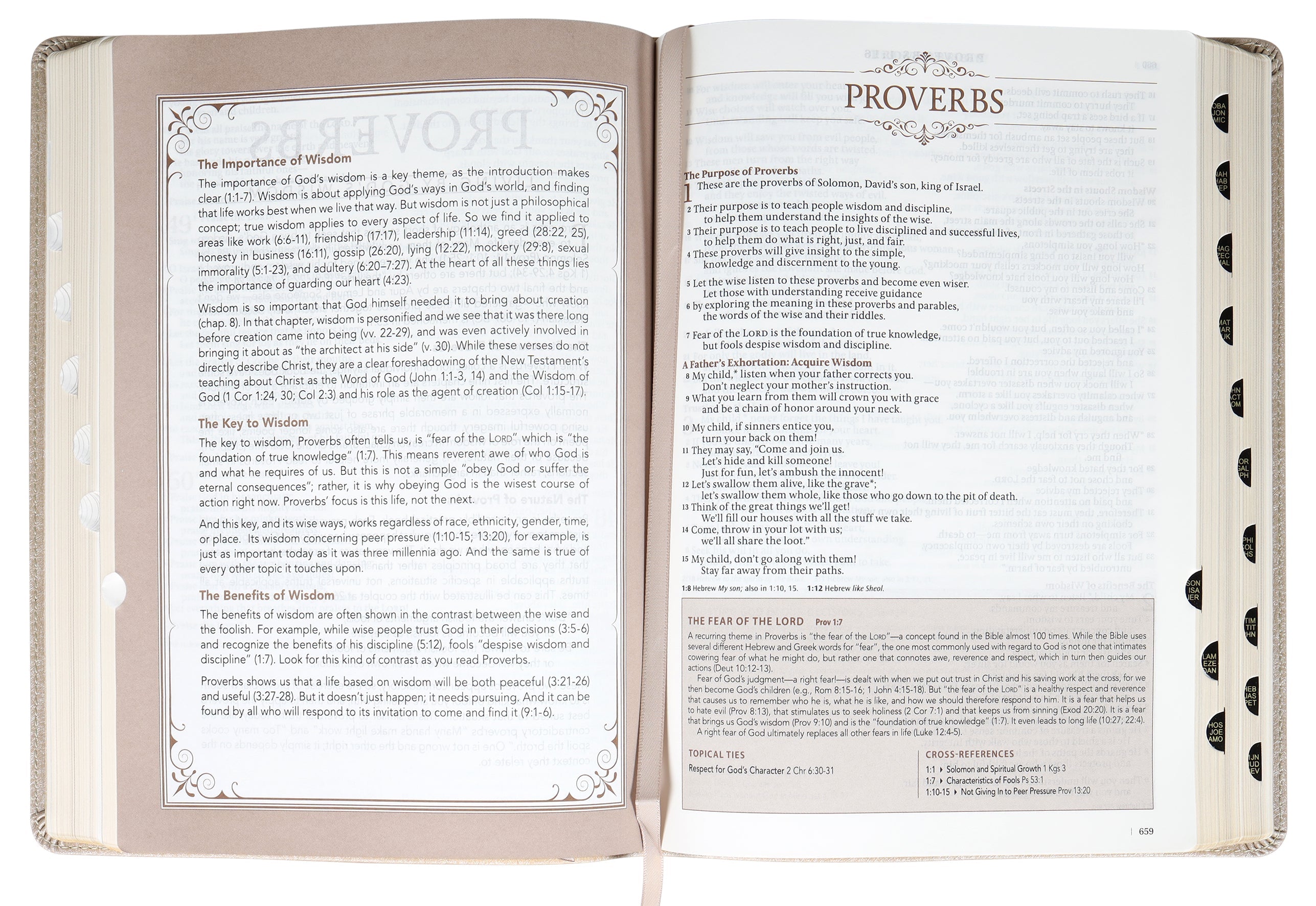 NLT Spiritual Growth Bible featuring pearled ivory indexed pages