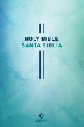 Bilingual Bible with NLT and NTV translations in blue watercolor cover with Spanish and English editions