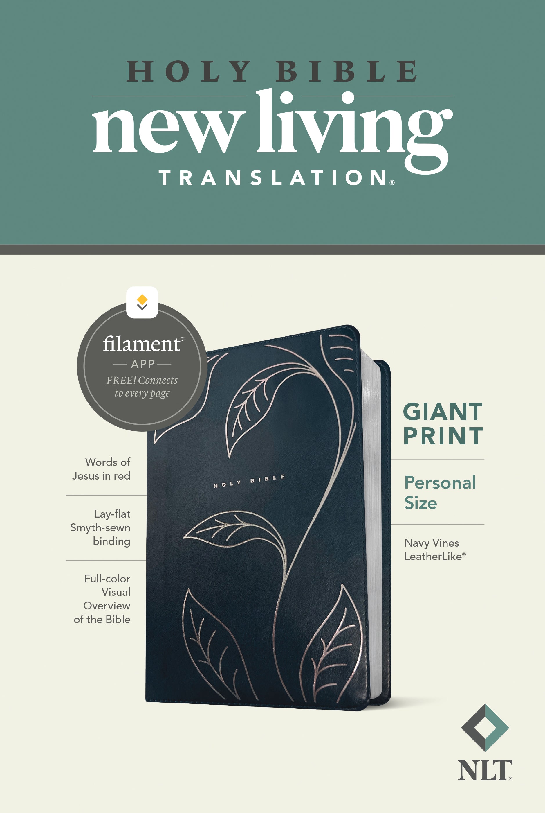 NLT Personal Size Giant Print Bible in Navy Vines Red Letter Edition Filament Enabled Edition