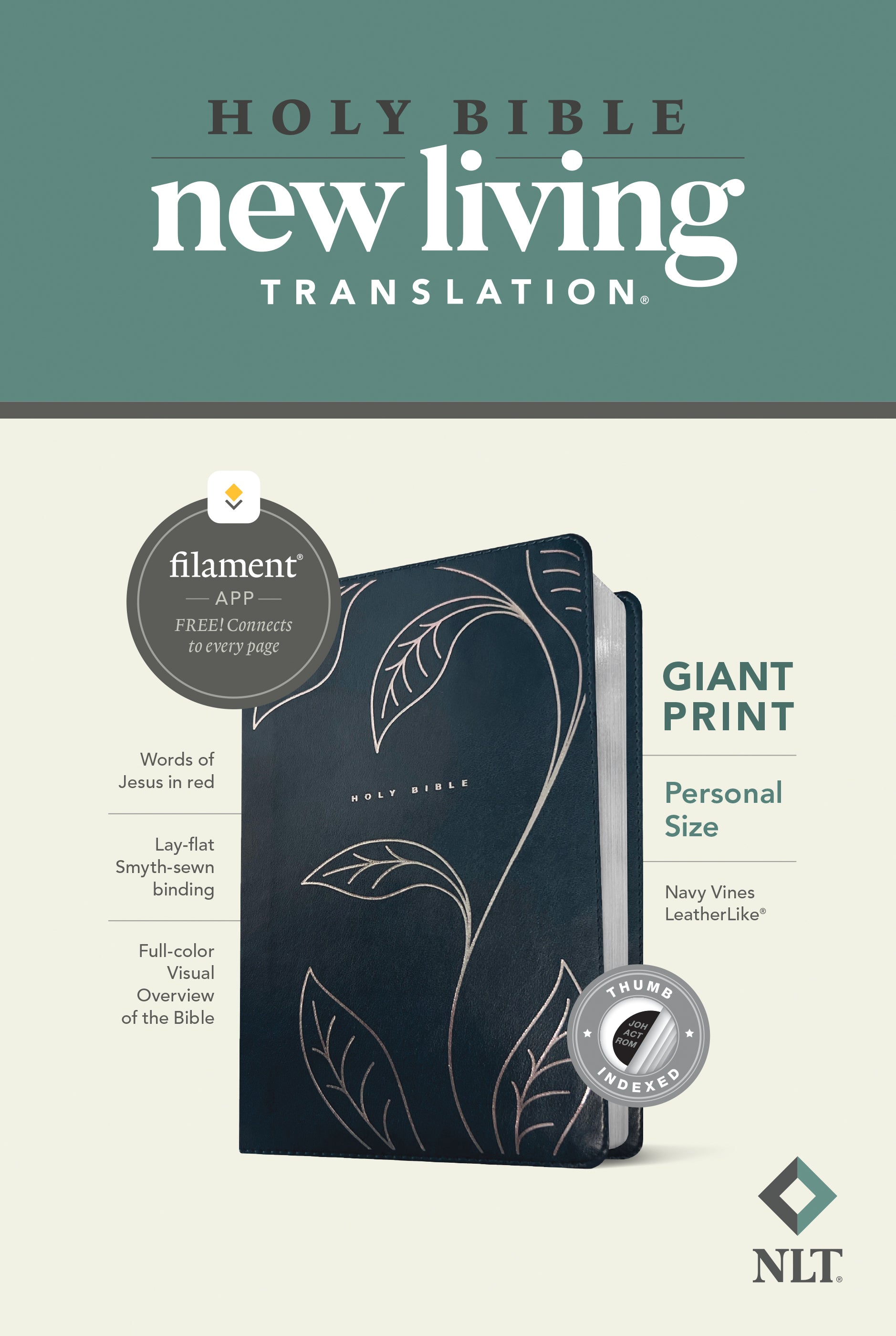 NLT Personal Size Giant Print Bible Filament Enabled Navy Vinyl Bible with Indexed Red Letter Edition